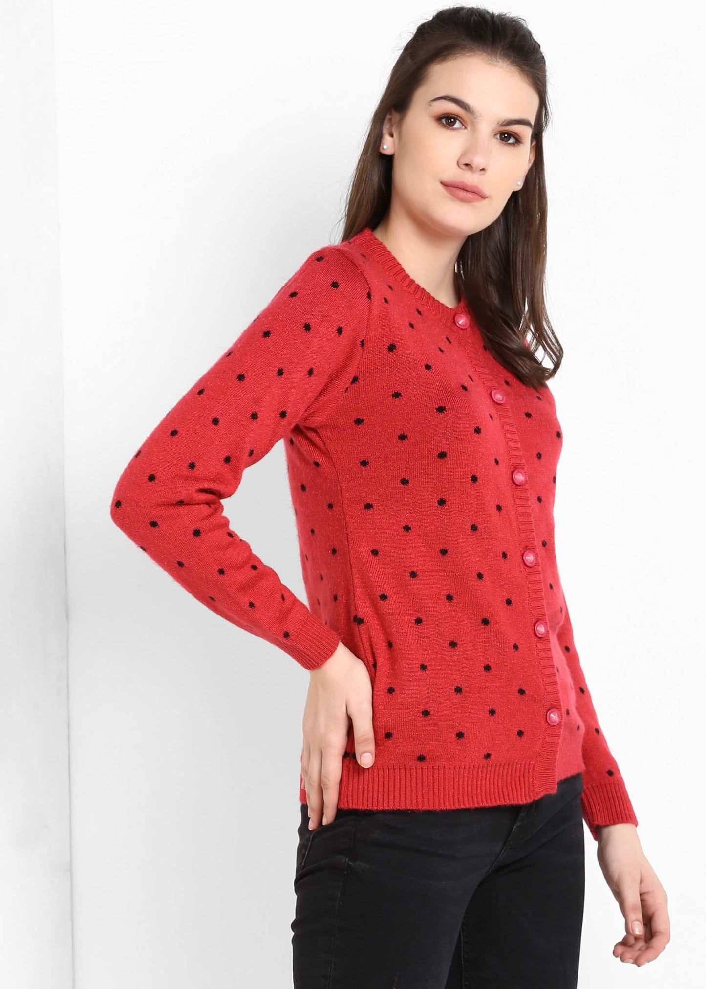 Modeve Polka Dot Round Neck Casual Women Peach Sweater||Winterwear||