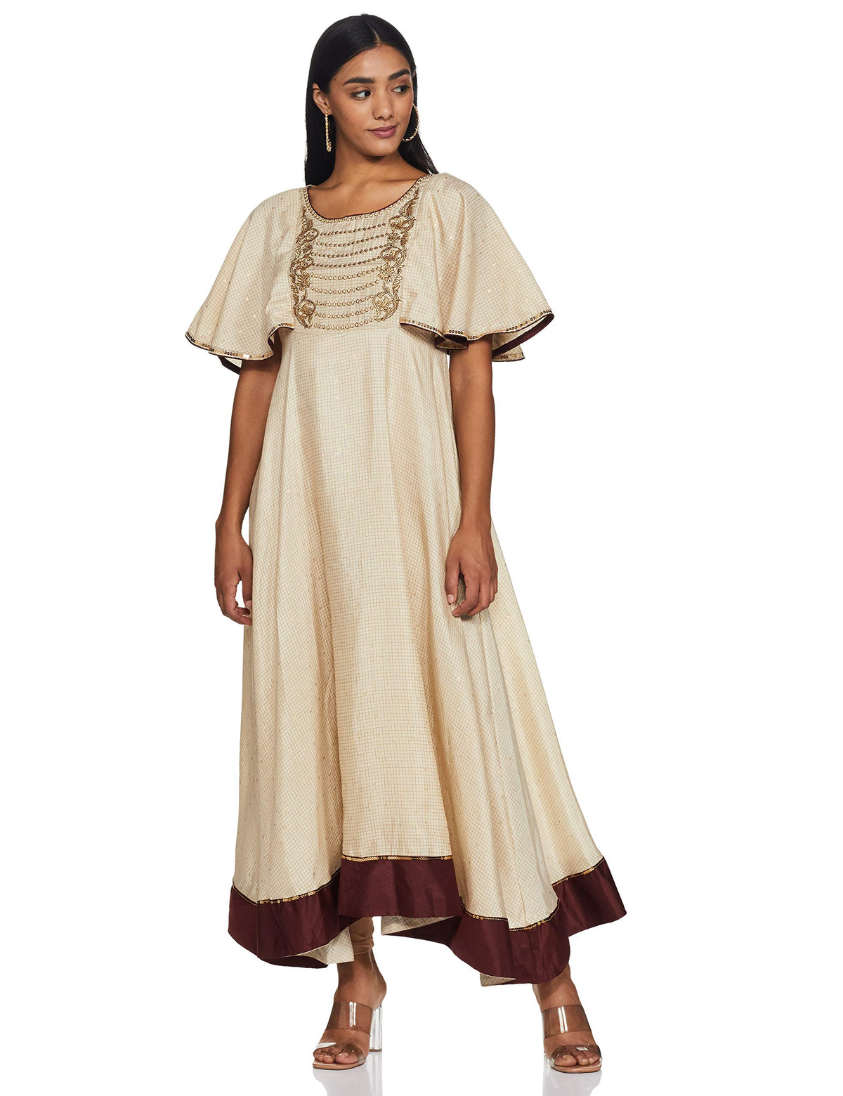 Aurelia Womens Round Neck Printed Calf Length Dress (Beige_Xx-Large)