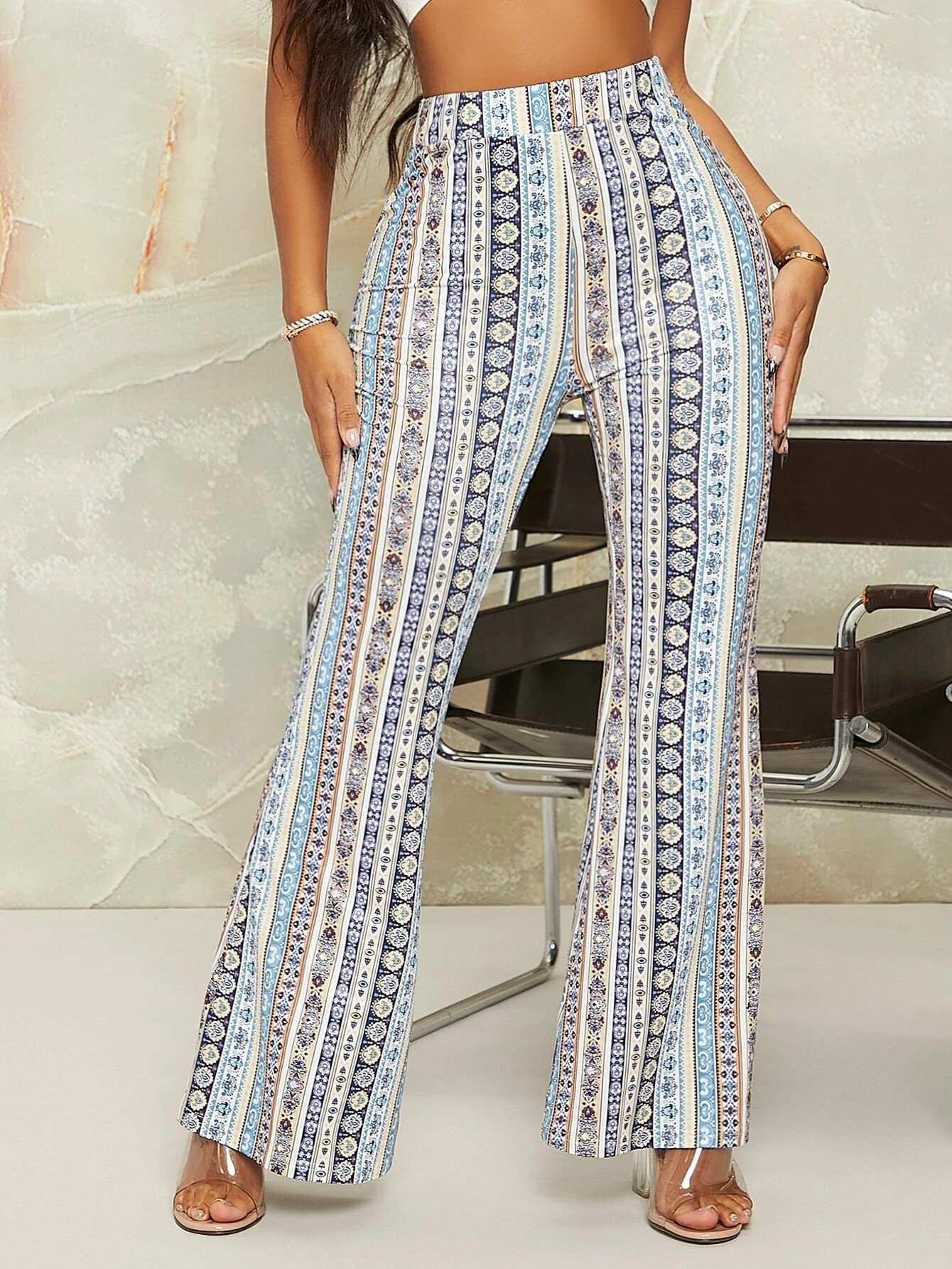 Shasmi Womens & Girls Sky Blue Geo Print Dress Pants Stretchy Work Slacks Business Casual Office Bell-Bottom/Boot-Cut Elastic W