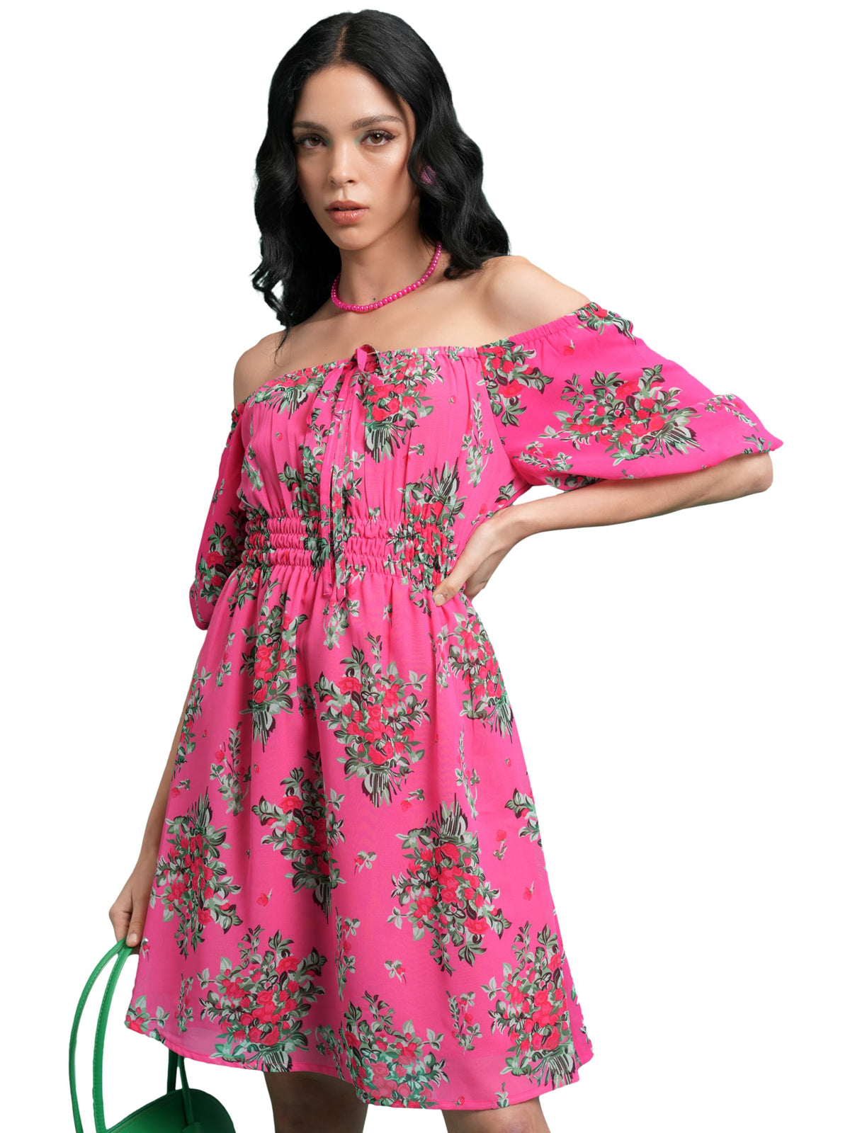 Ketch WomenS Polyester Fit And Flare Mini Dress (Khj6000618_Pink/Green Multi