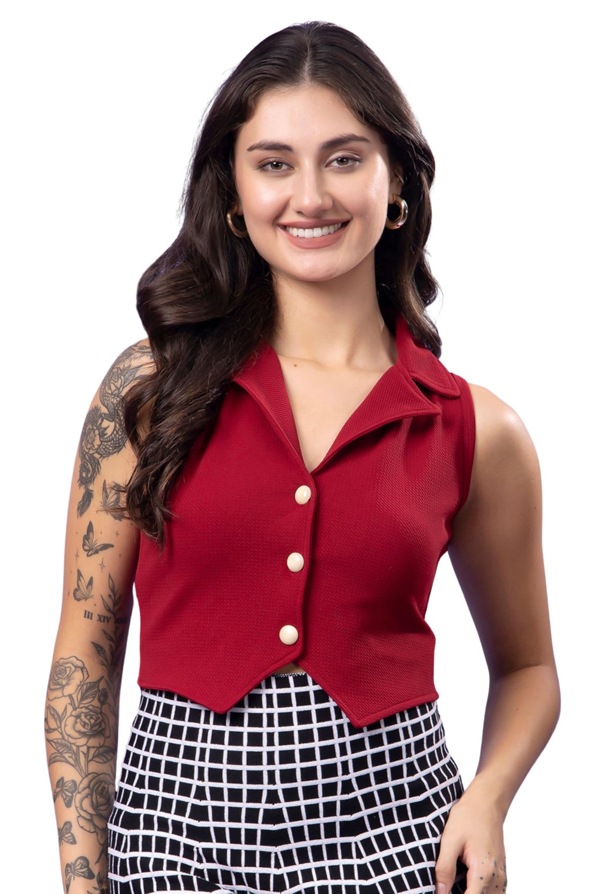 POPWINGS Maroon Solid Button Clousre V Neck Sleeveless Waistcoat Crop Top