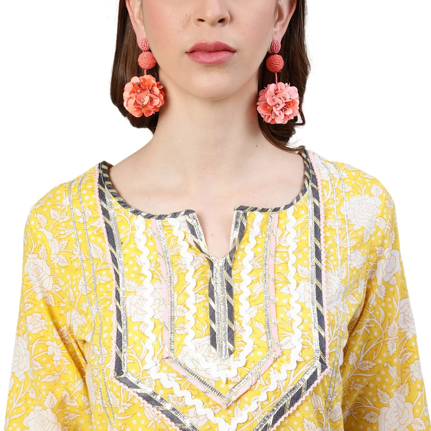 ishin Women's Pure Cotton Embroidered Gotta Patti Yellow Floral Print A-Line Kurta suit set With Dupatta & Trouser