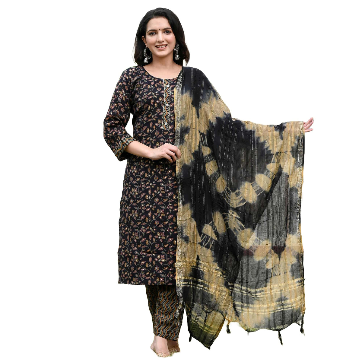 Lookmark WomenS Embroidered Cotton Straight Kurta Set With Pants & Dupatta - Elevate Your Style With This Exquisite Ensemble (A