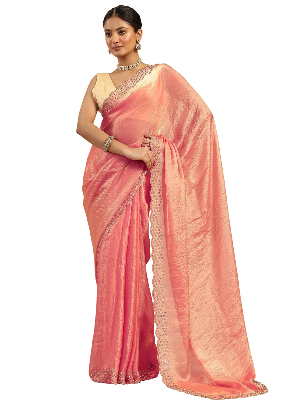 Libas Womens Solid Satin Saree With Blouse Piece