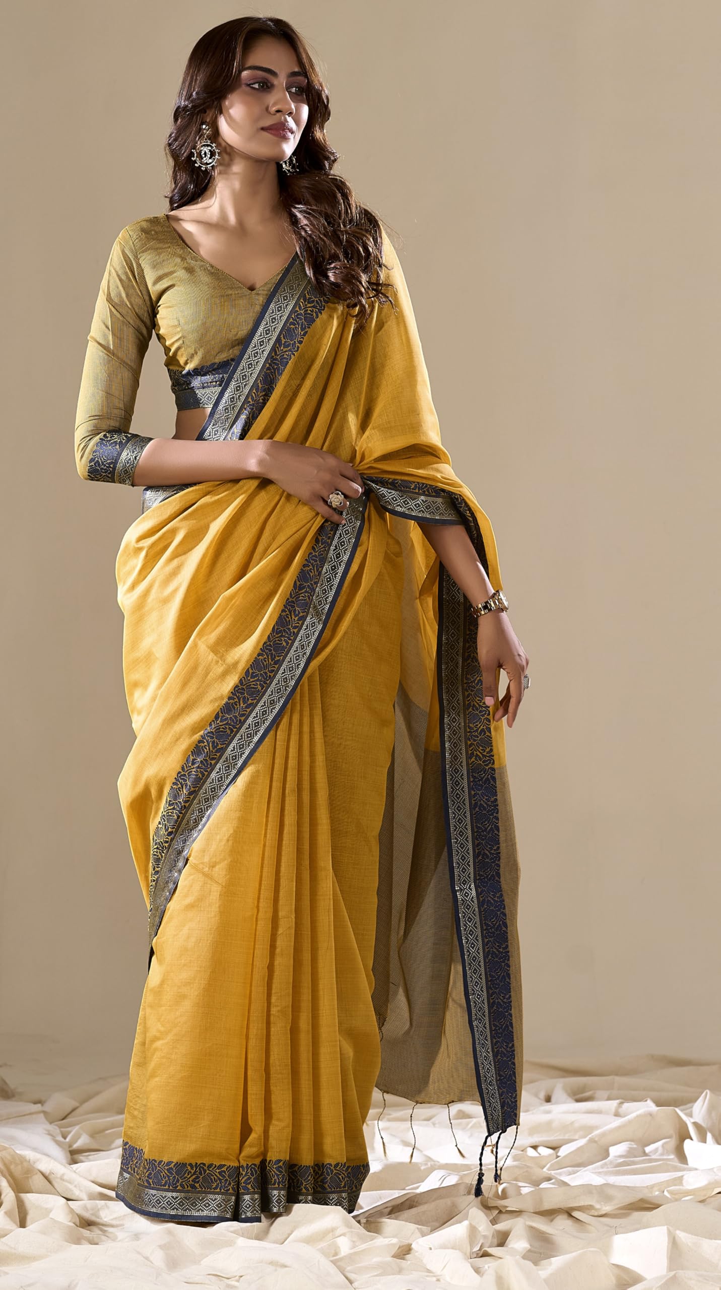 Pujia Mills WomenS Handloom Cotton Saree With Contrast Weaving Border Indian Ethnic Wear Saree Office Wear Cotton Saree With Un