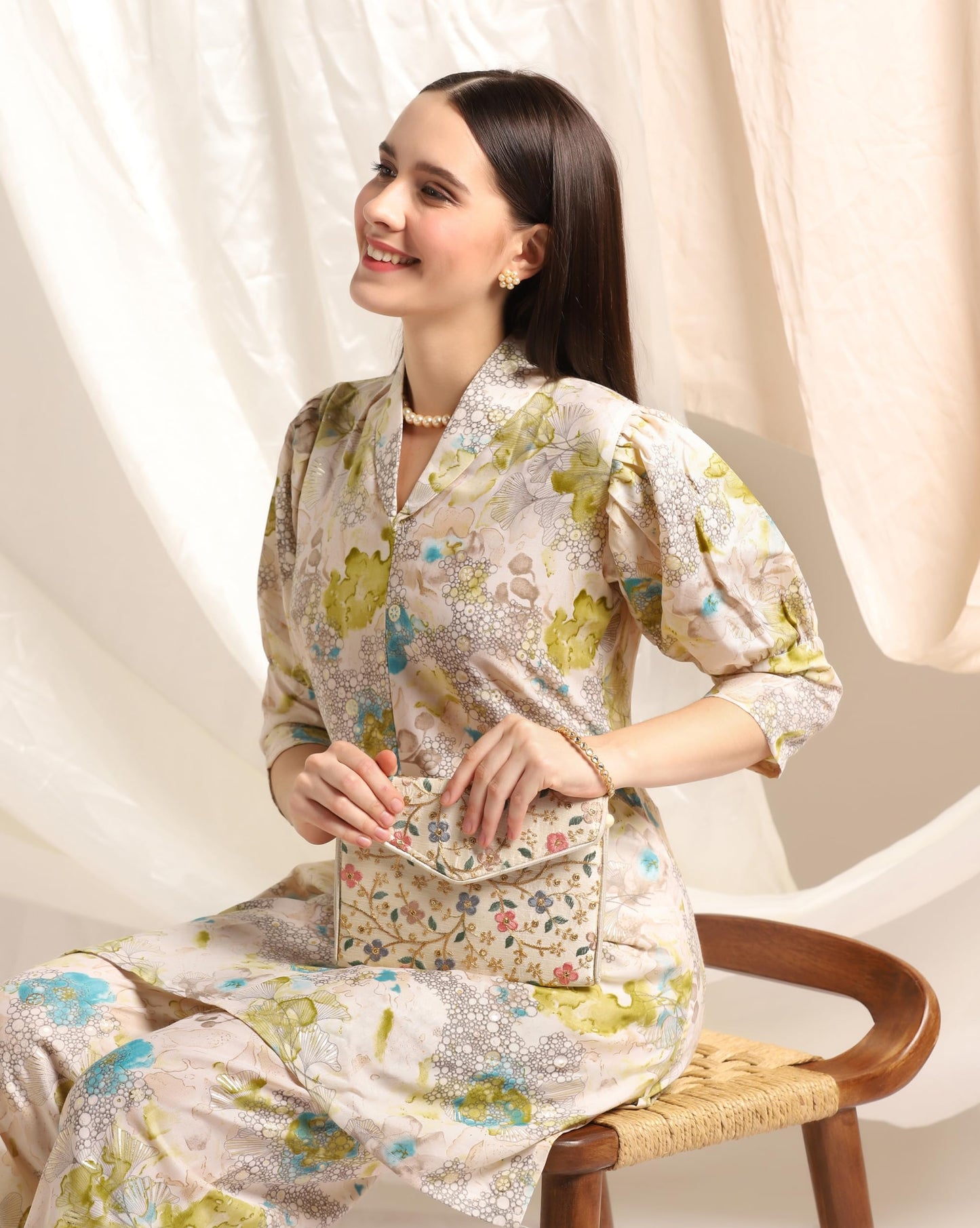 Leriya Fashion Soft Cotton Blend Floral Foil Print Puff Sleeve Shawl Collar Straight Kurta Pant Set for Women Causal Festival Of