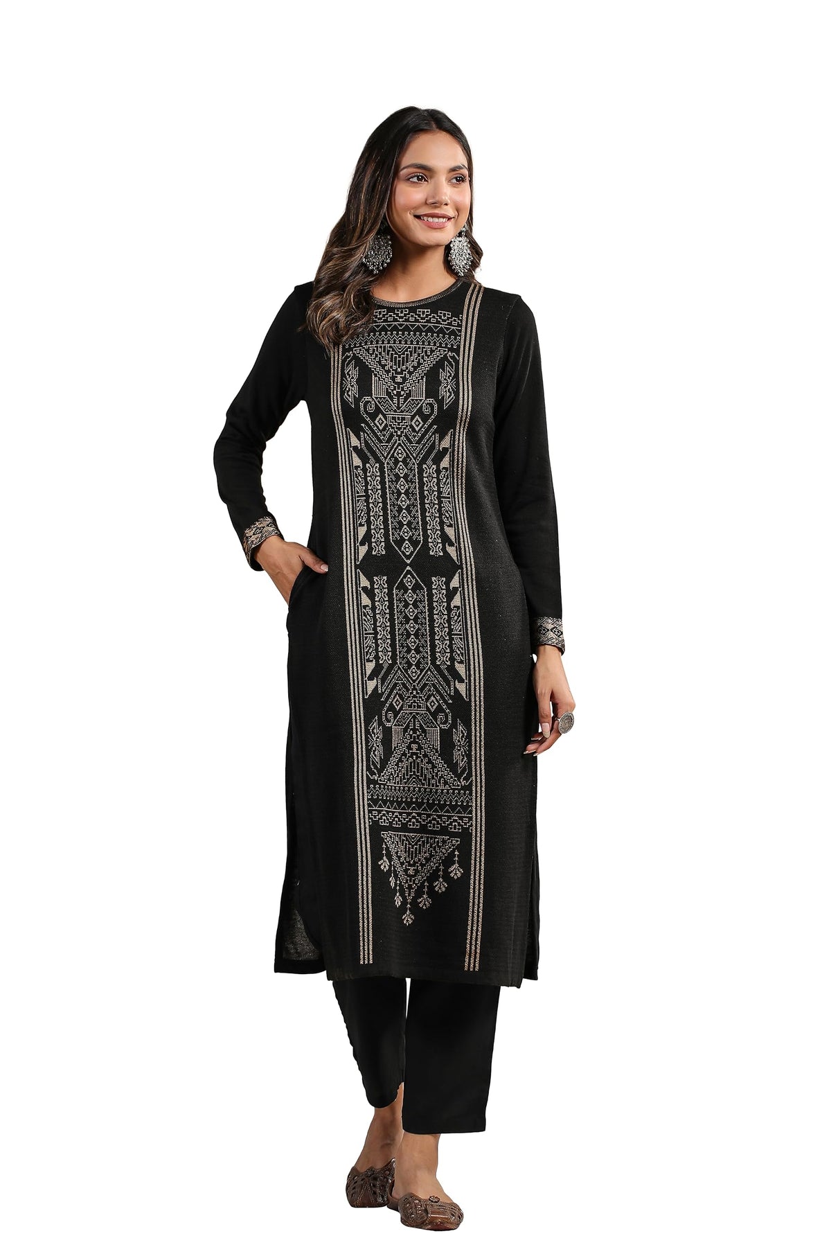 Ishin WomenS Black Jacquard Style Geometric Pattern Straight Winterwear Kurta