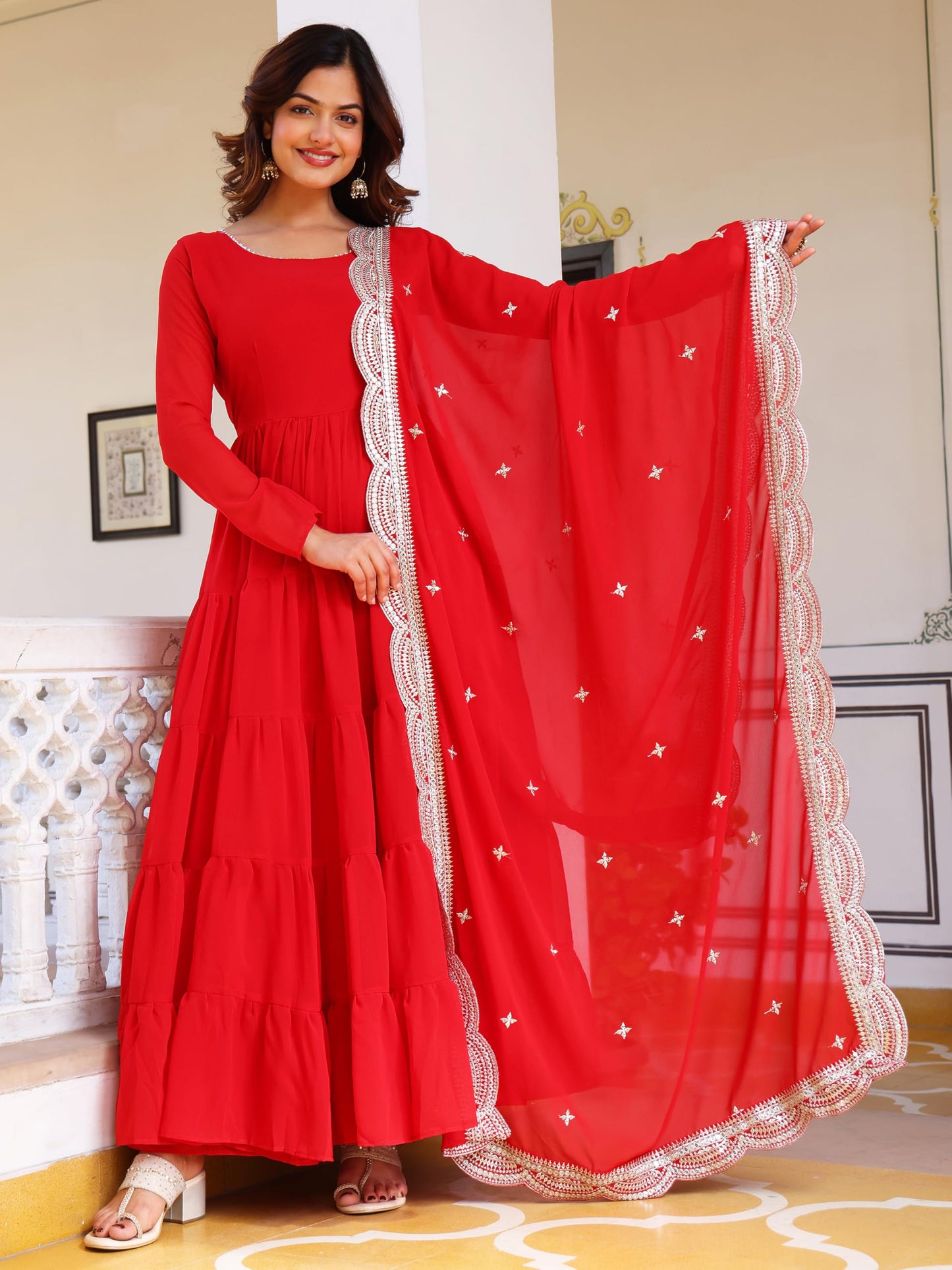 Wedani Georgette Sequins Work Anarkali Kurta Set for Women Red