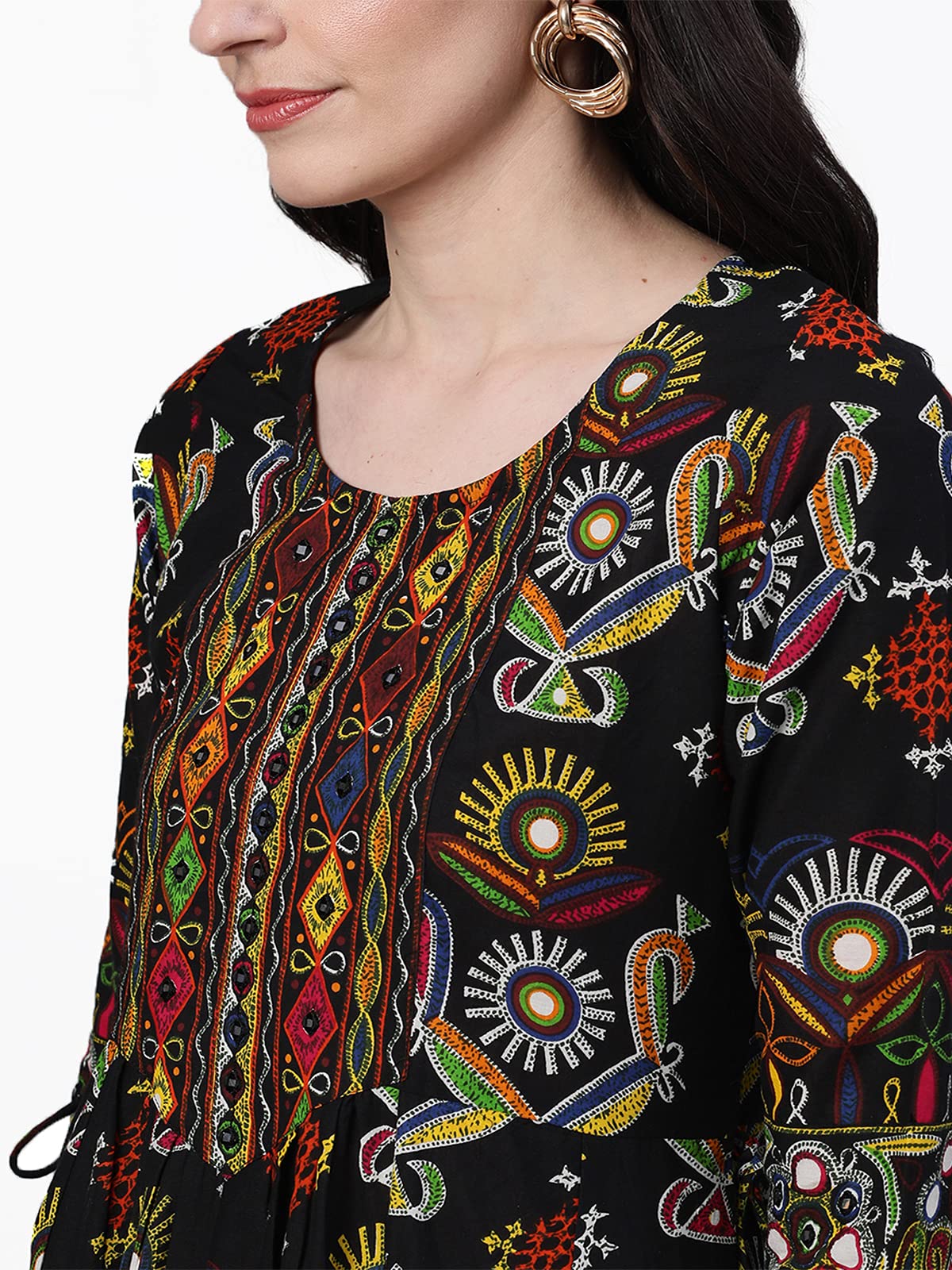 ishin Women's Cotton Anarkali Printed Mirror Work Ethnic Motifs Print Black Kurti