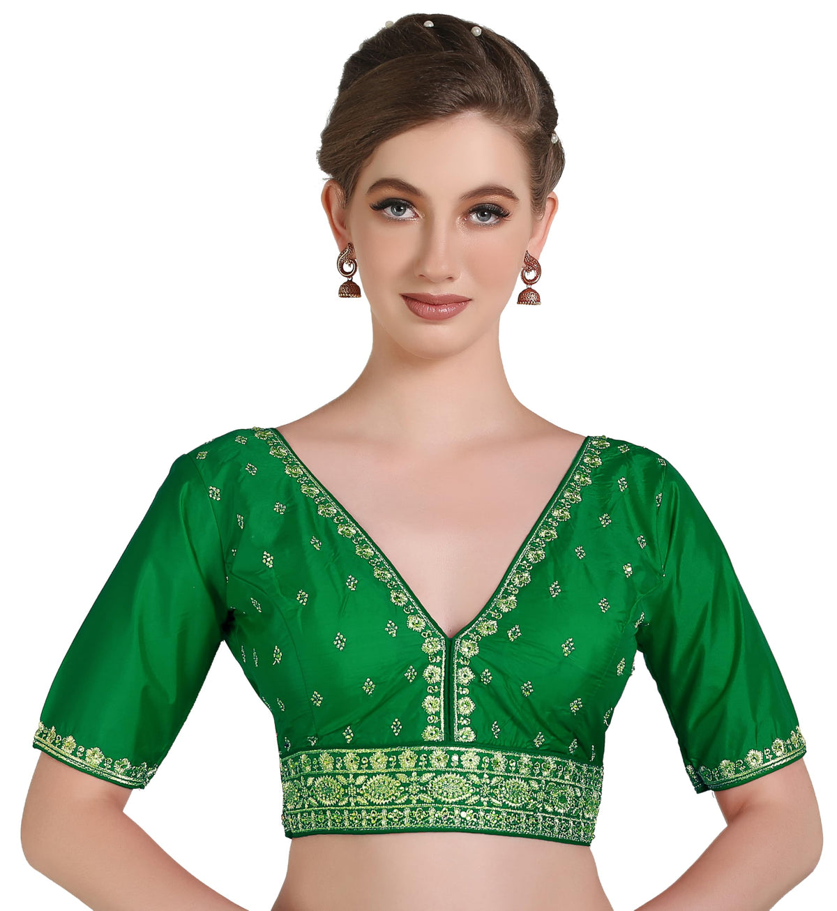 Pujia Mills Woman Readymade Ethnic Wear Deep V Neck Classic Butti Designer Half Sleeve Red Blouse Online Embroidery Zari Work Wi