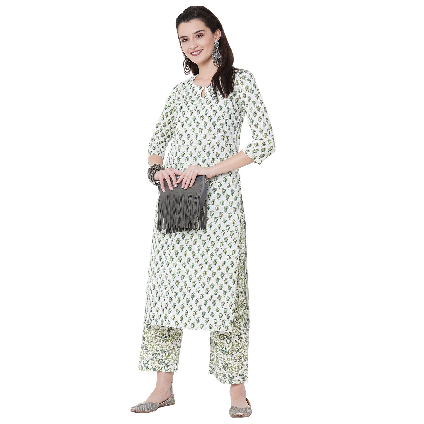 GoSriKi Women's Cotton Straight Kurta with Palazzo (EPSHA White)