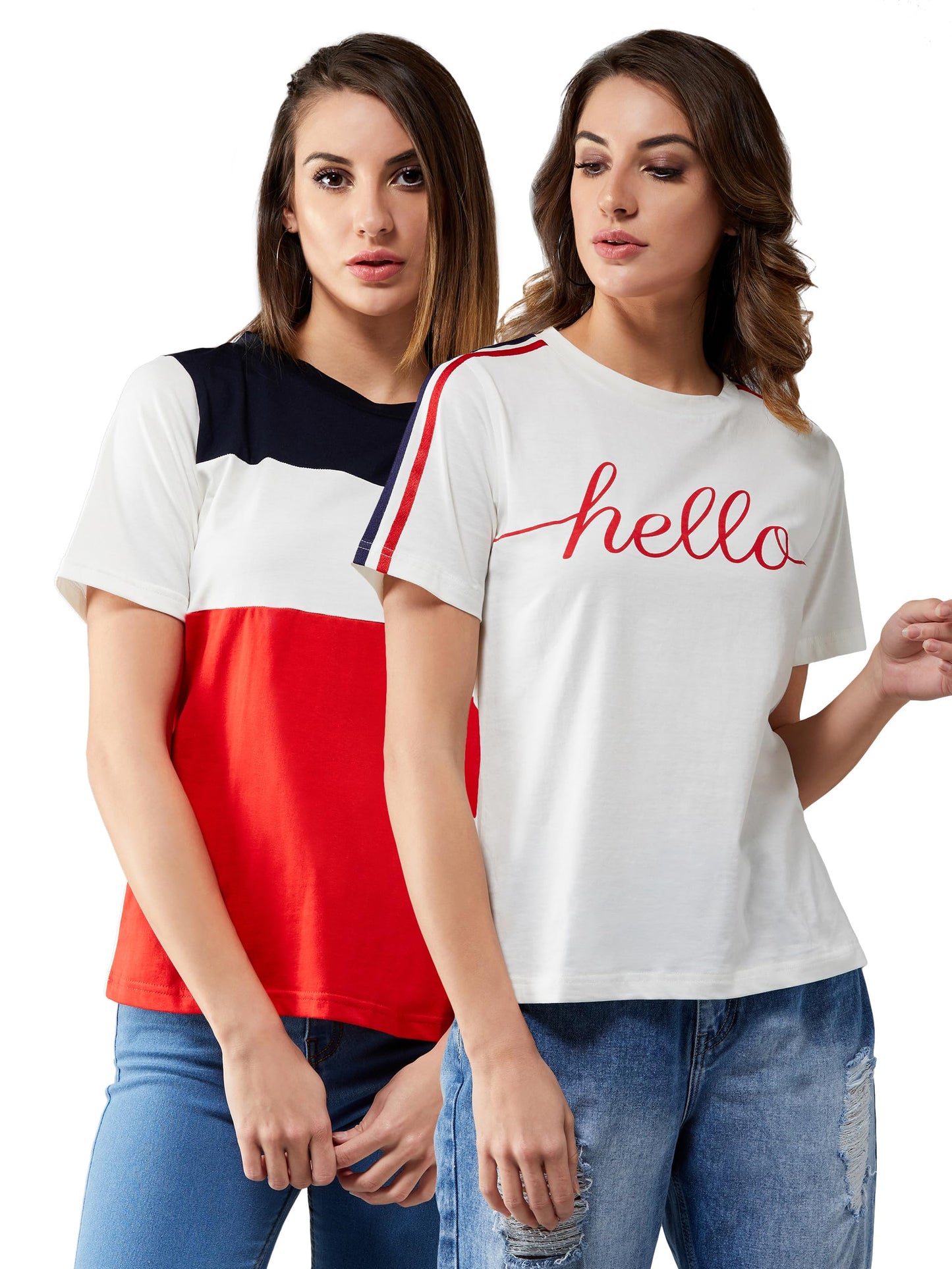 Miss Chase WomenS Cotton Regular Length Solid & Printed Round Neck Pack Of Two T-Shirt. (Mcss20Co04-30-189-02, Red & White, Xs)