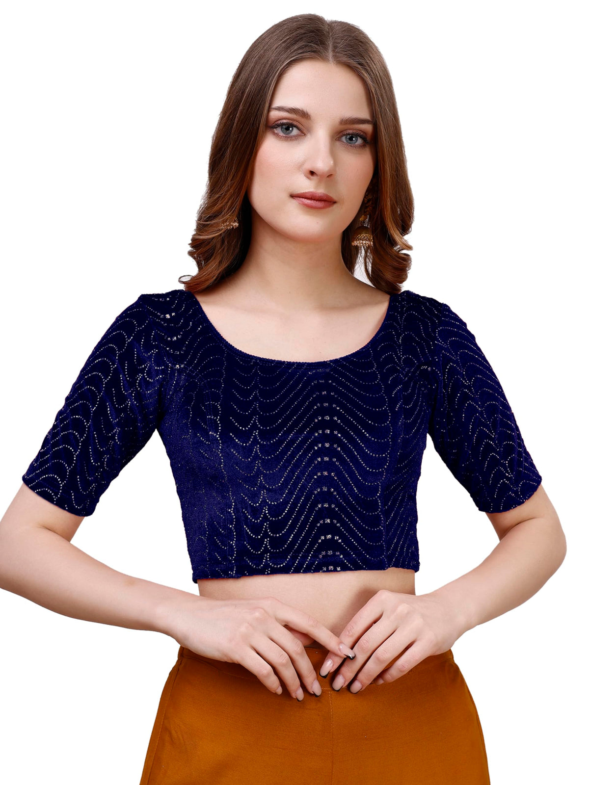 Pujia Mills WomenS Readymade Hosiery Velvet Lycra Stretchable Round Neck Half Sleeve Blouse With Jari Work Fancy Navy Blue Colo