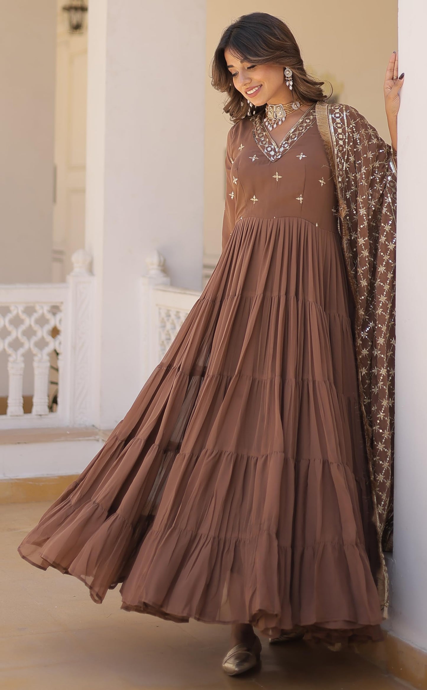 Fashion Basket WomenS Georgette Anarkali Dress Brown