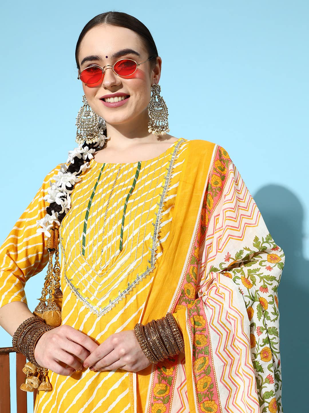 ishin Women's Mustard & White Leheriya Printed A-Line Kurta Trouser Dupatta Set