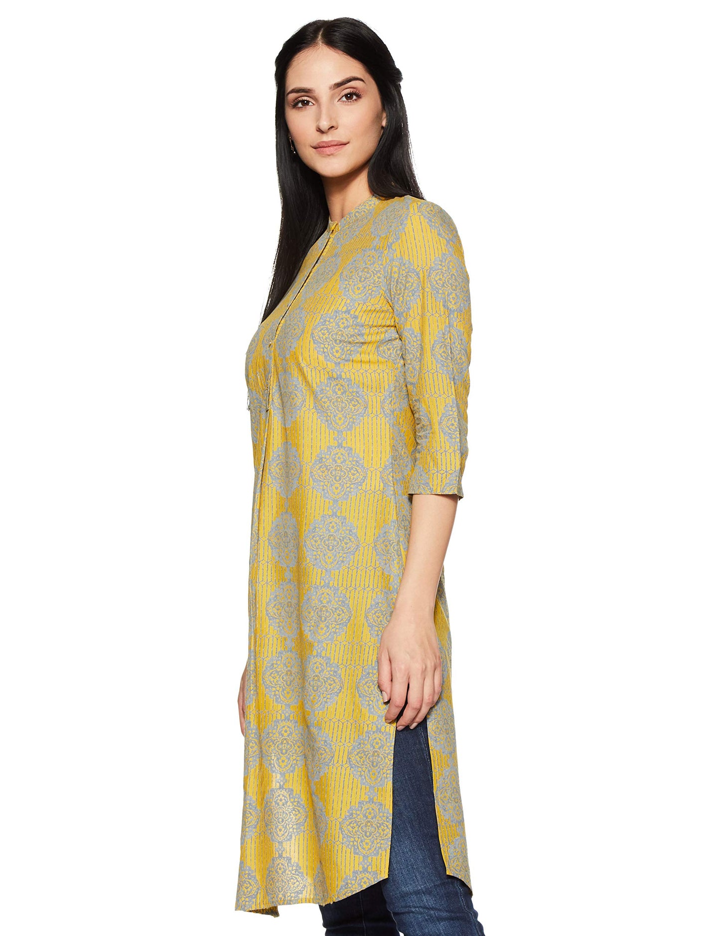 W for Woman W Yellow Mandarin Neck Printed Kurta