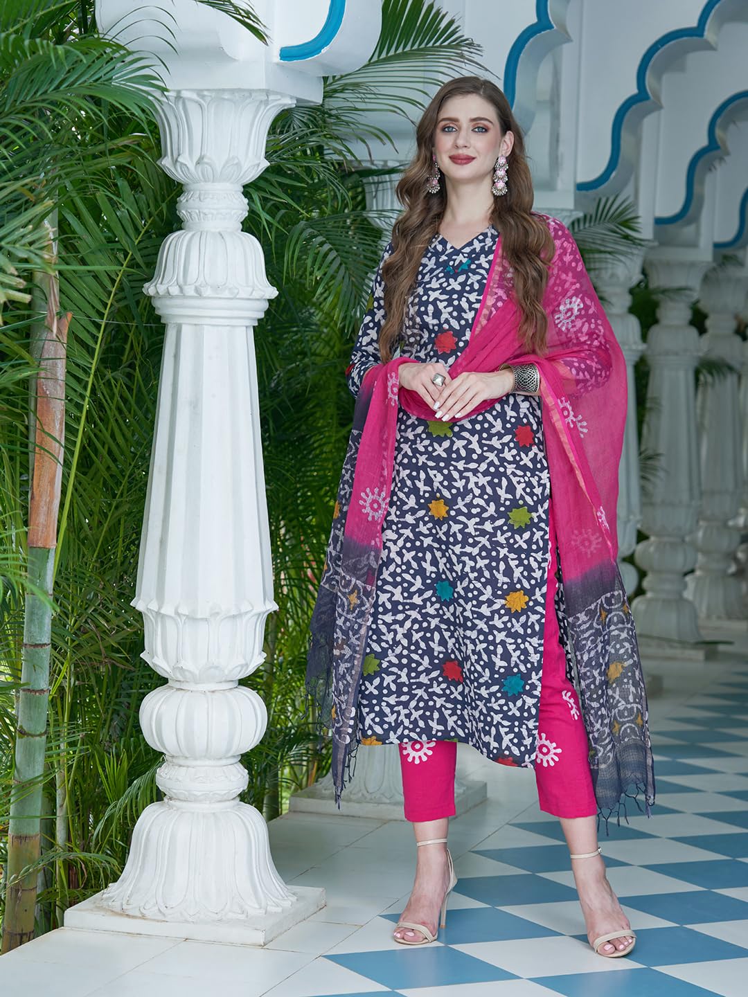 ANNI DESIGNER Ladies Cotton Blend Straight Print Trousers Dupatta Kurta (Tingu Blue_S_Blue_Small)