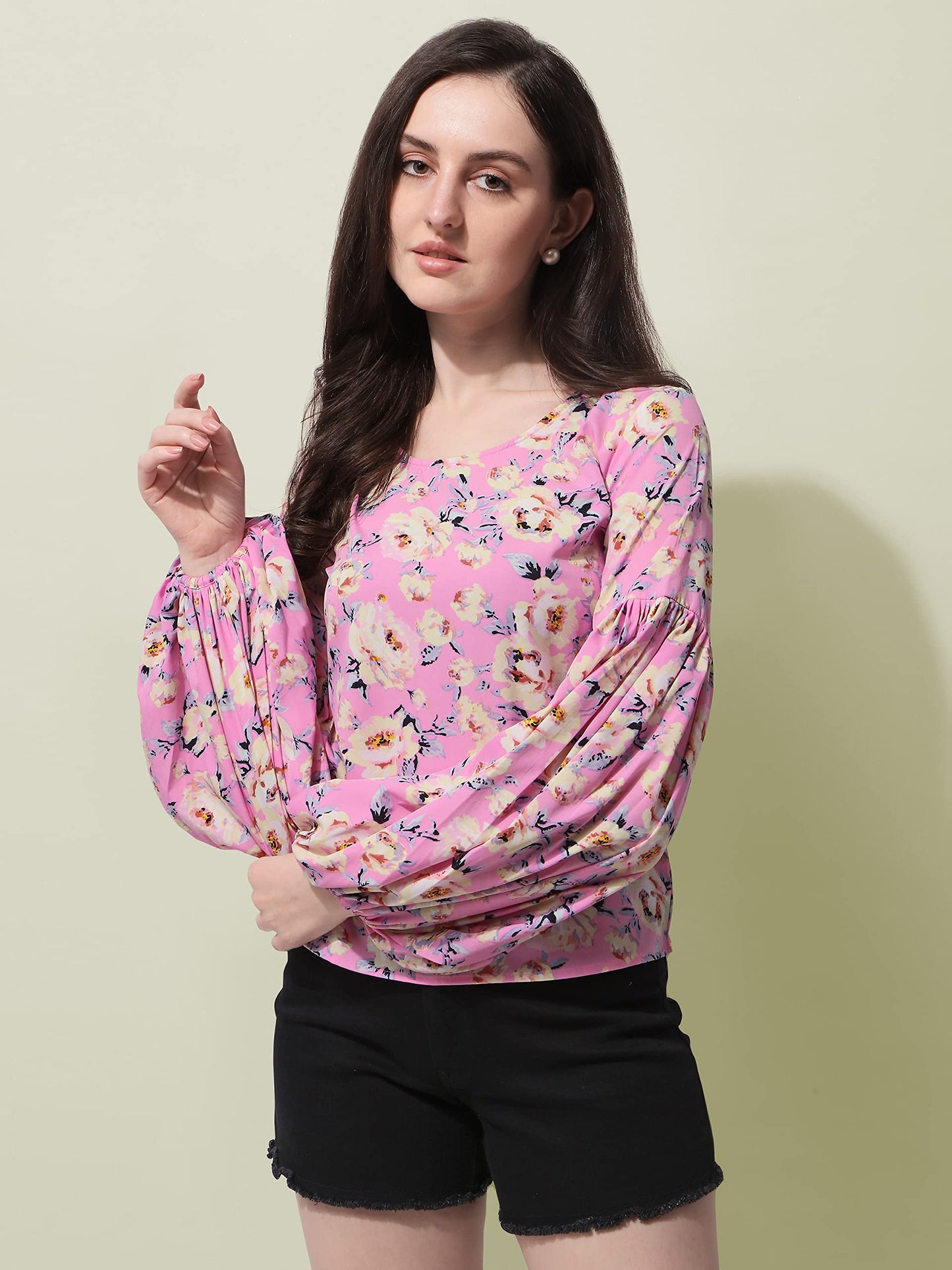 Pink Floral Print Blouson Top in Crepe Fabric with Round Neck and Full Sleeve
