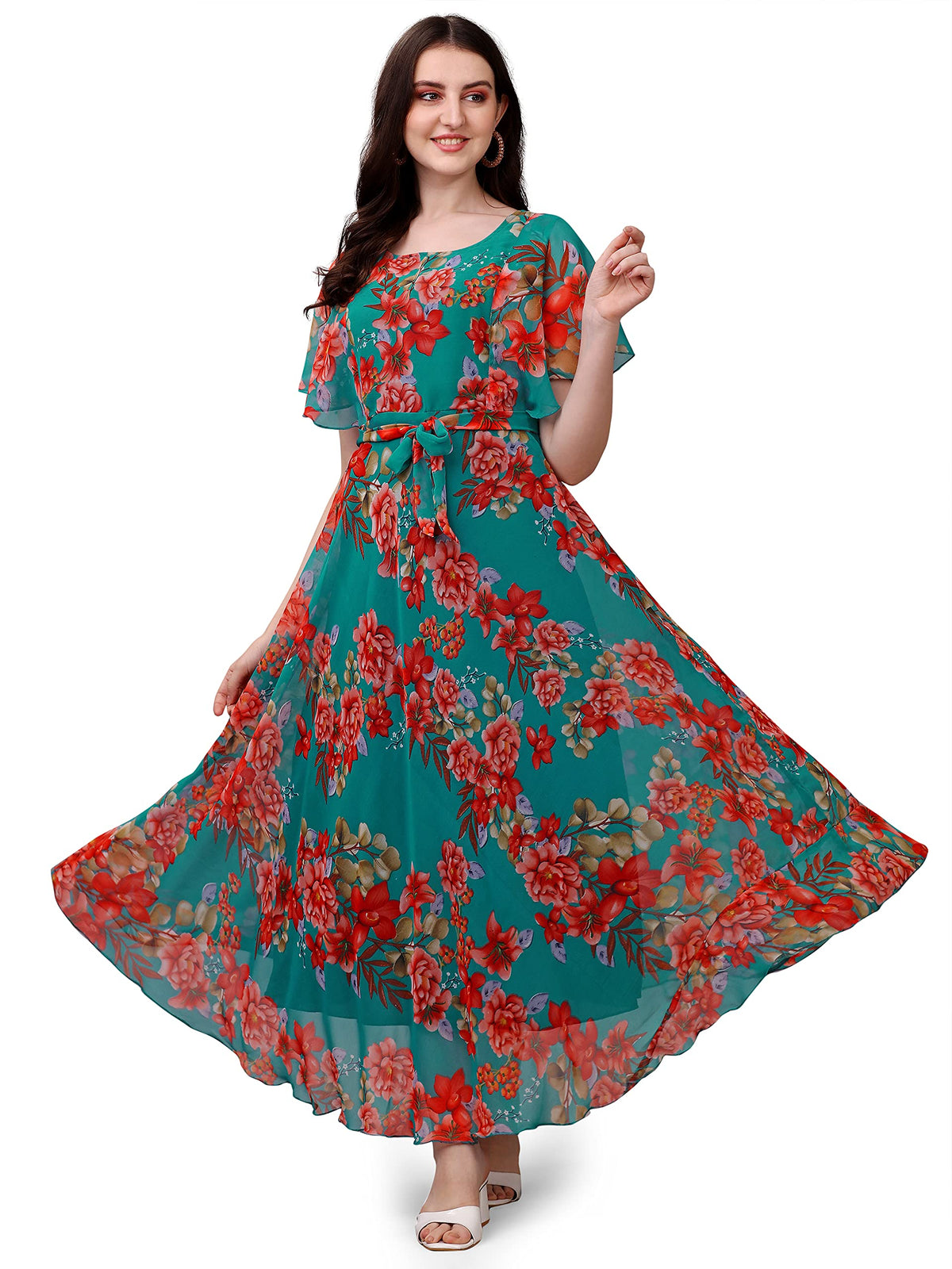 Trillmixa WomenS Georgette Floral Maxi-Length Dress(T_Flower) Light Blue