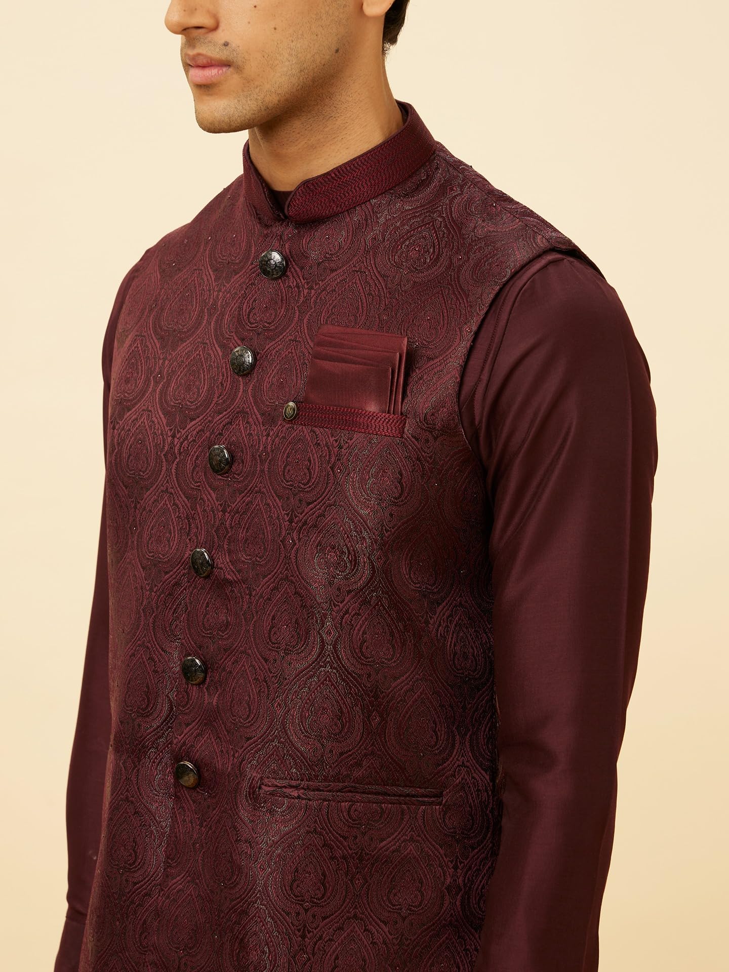 Manyavar Mens Wine Brocade Jacket