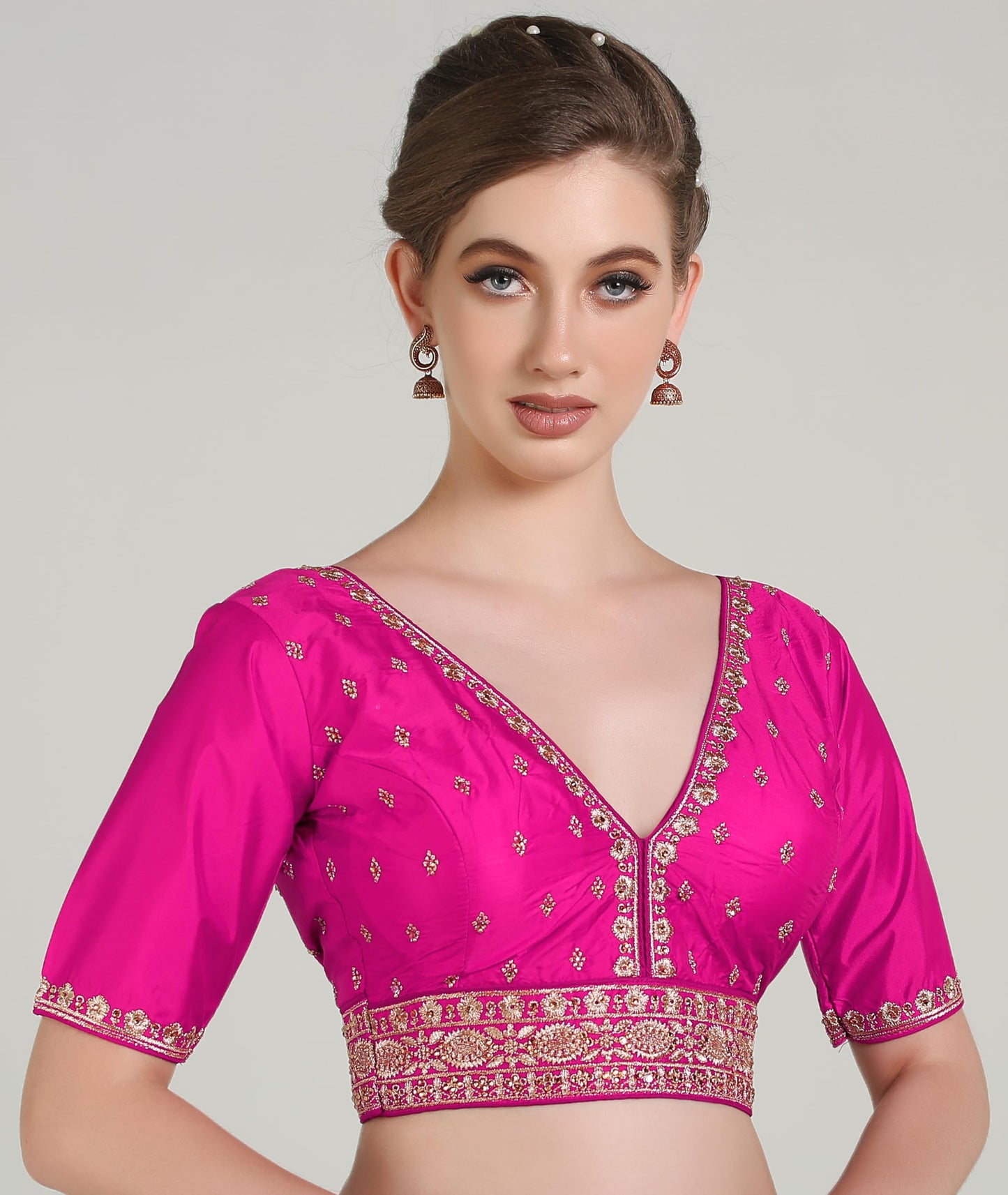 Pujia Mills Woman Readymade Ethnic Wear Deep V Neck Classic Butti Designer Half Sleeve Red Blouse Online Embroidery Zari Work Wi