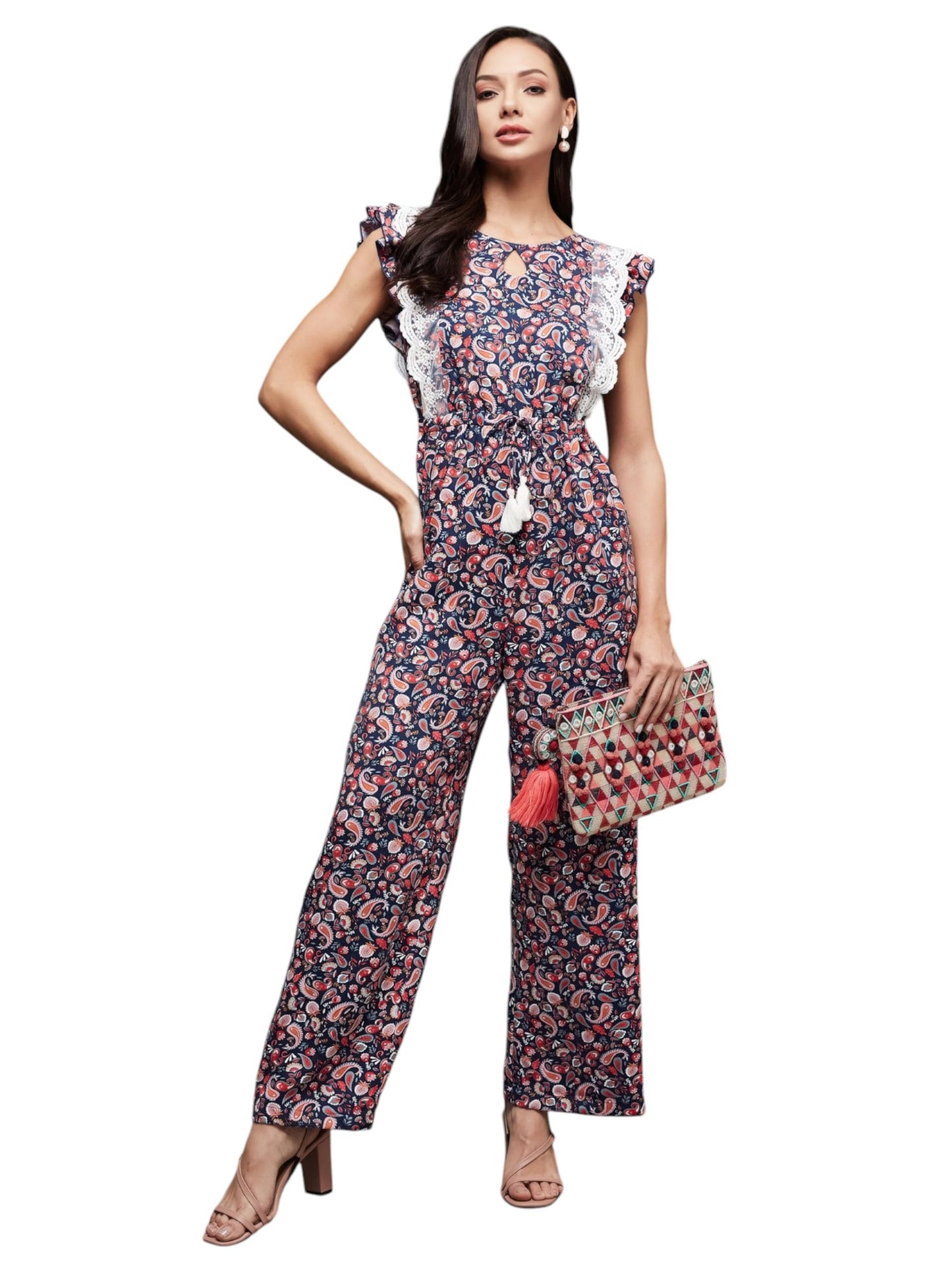 Miss Chase Womens Key Hole Neck Frilled Bohemian Styled Frilled Regular Jumpsuit (MCSS25D93-17-589-06, Multicolored Base Oxford