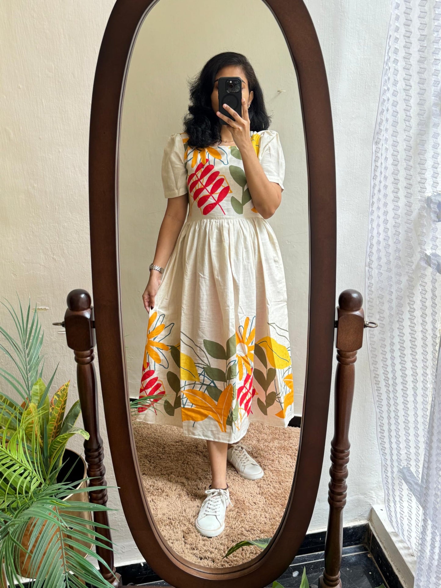 GoSriKi Anarkali Kurta for Women | Floral Print | Cream | Large | Fit and Flare Maxi Dress for Spring and Daily Wear