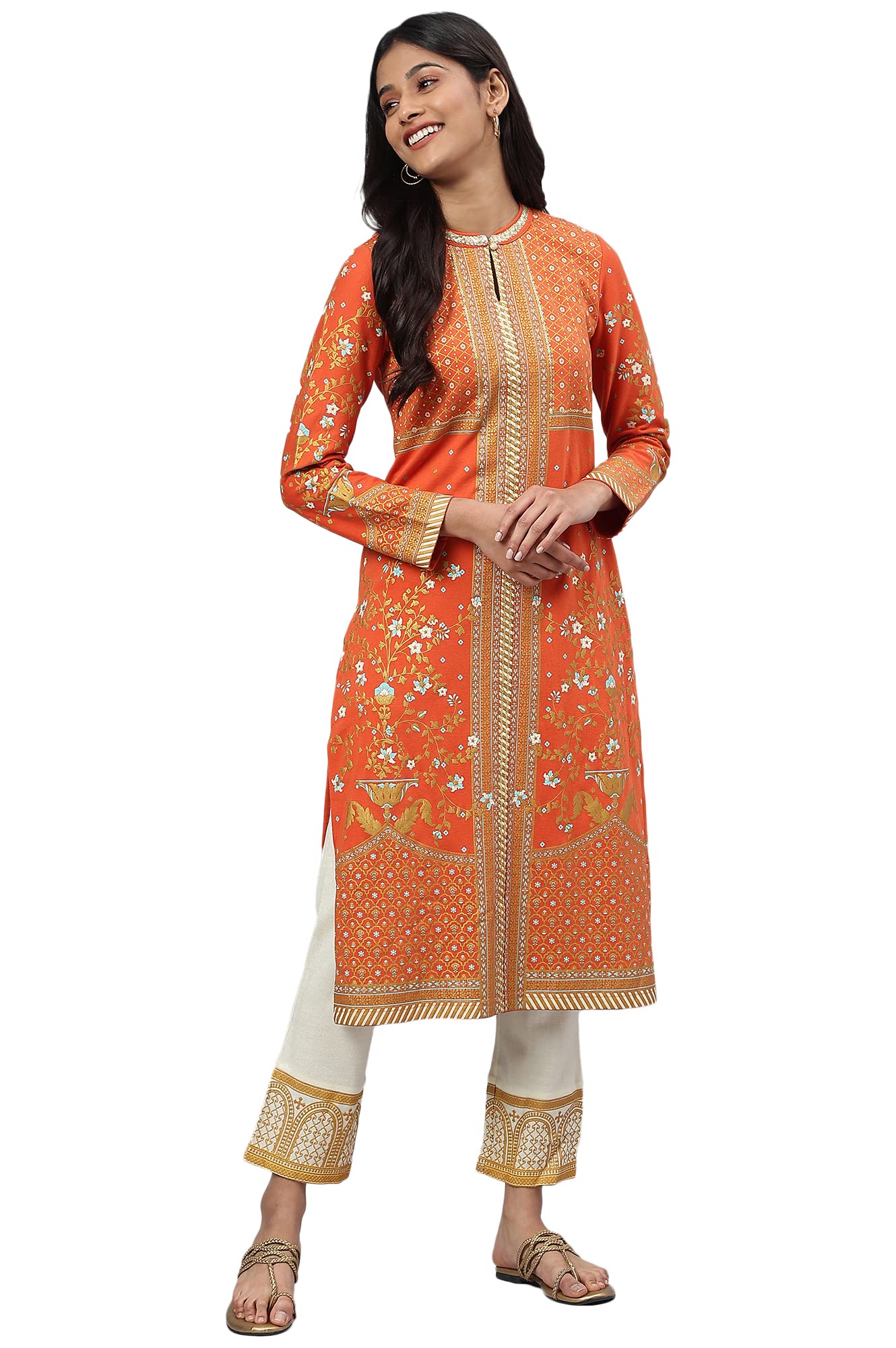 Aurelia Women'S Polycotton Orange Floral Round Neck Straight Kurta Set_22Noas13705-505626_M
