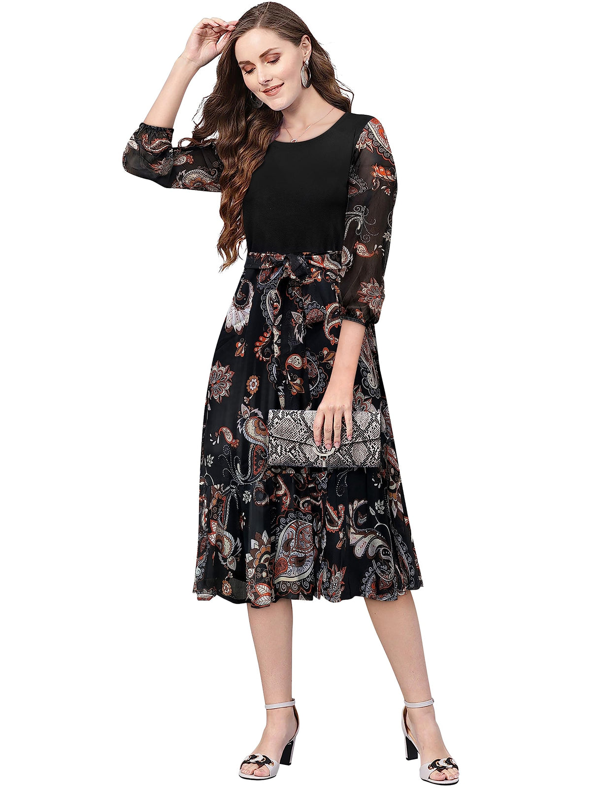 Toochki WomenS Black Georgette Lycra Paisley Print Fit & Flared Western Dress With A Line Pattern Suitable To Wear In Winter We