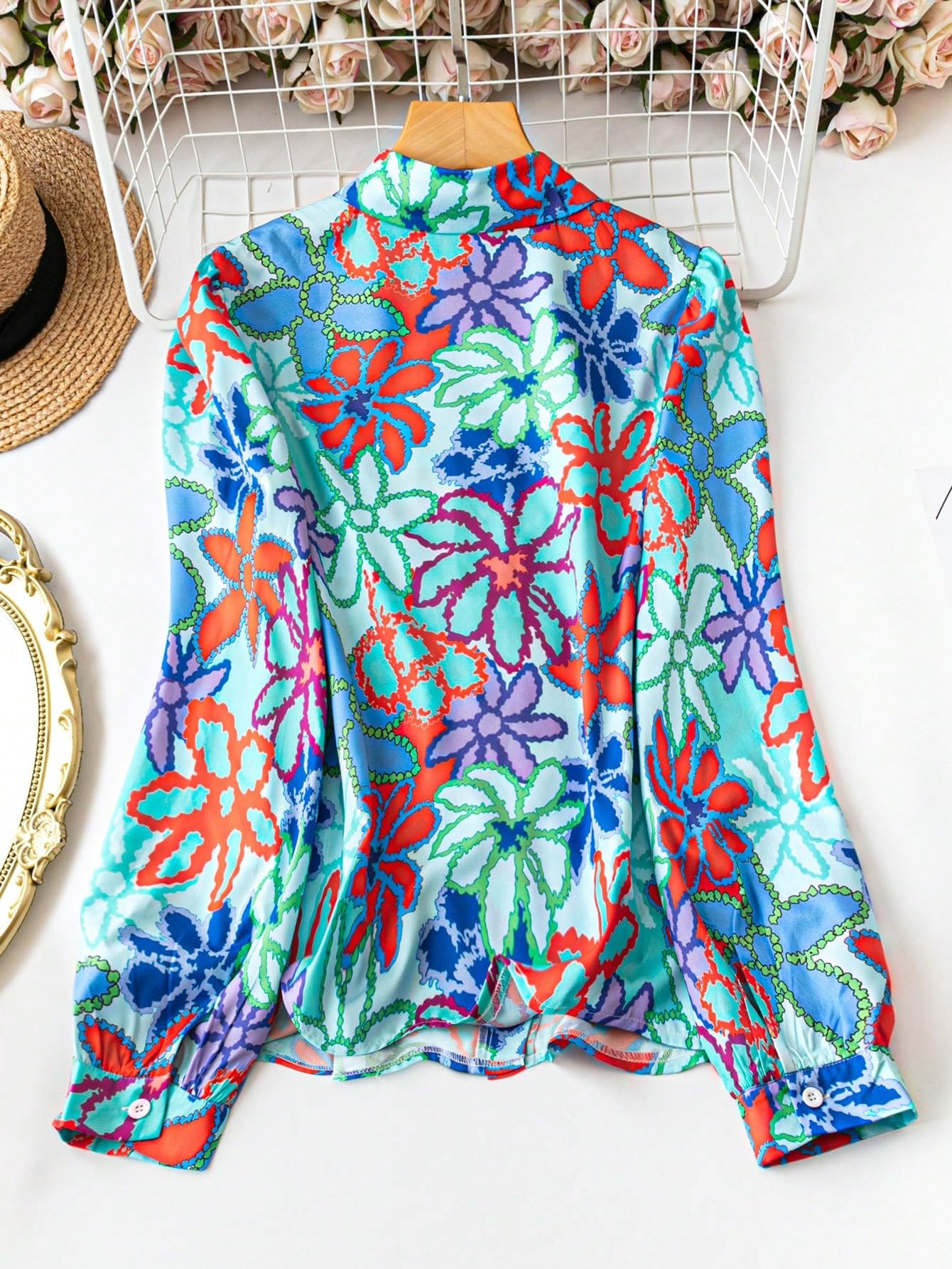 Shasmi Girls & Womens Solid Sea Green Colorful Casual Fit Lapel Cardigan Shirt Colorful Flower Printed Long Sleeve Shawl Colla