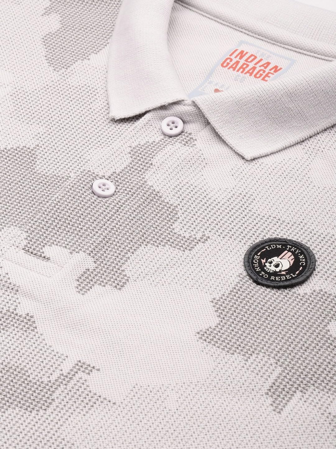 The Indian Garage Co Men Slim Fit Abstract Printed Polo Collar Tshirt Beige