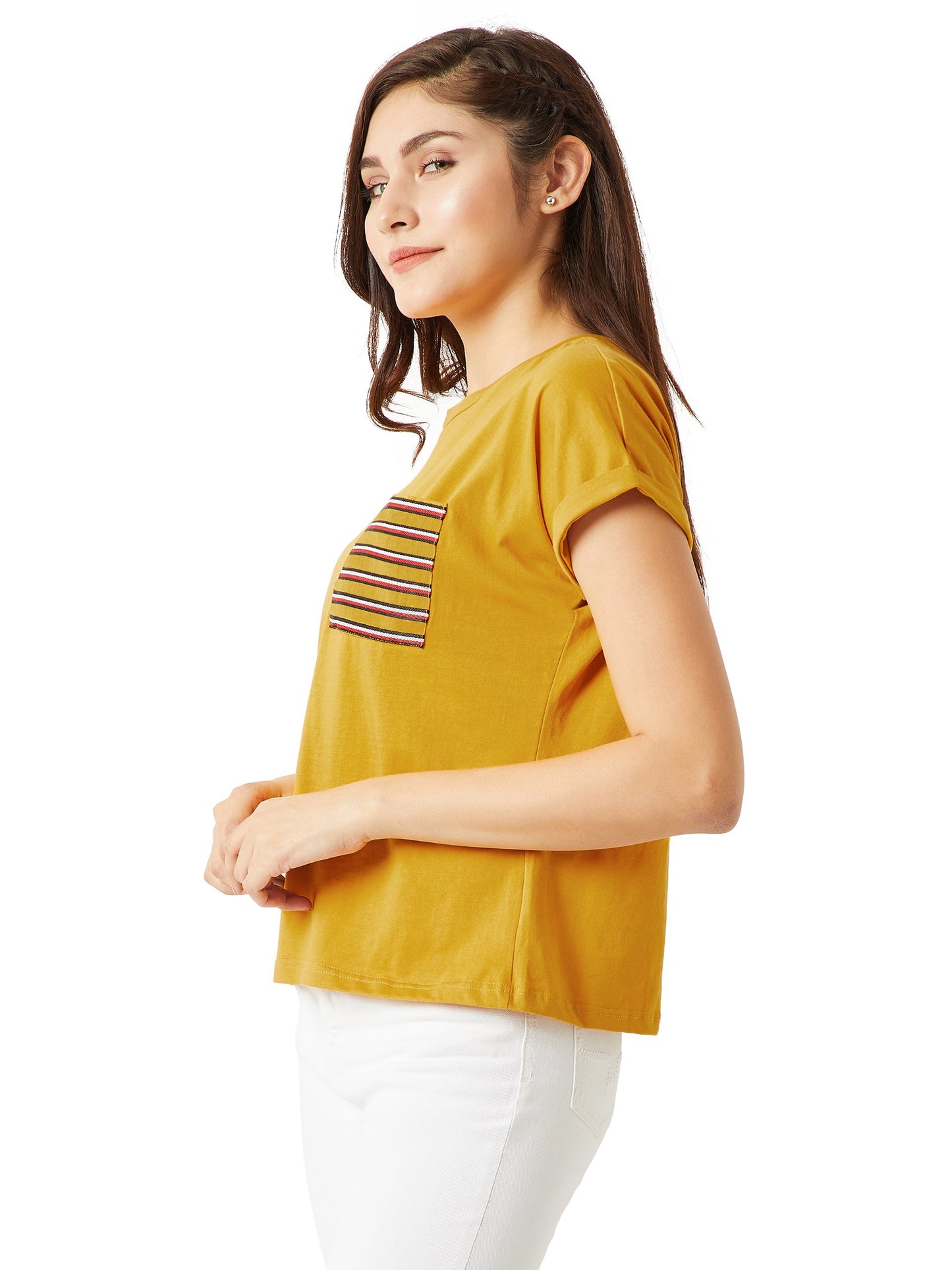 Miss Chase WomenS Super Soft Round Neck Continuous Short Sleeves Cotton Solid Twill Pocket Regular Basic T-Shirt (Mcss18Ts01-20