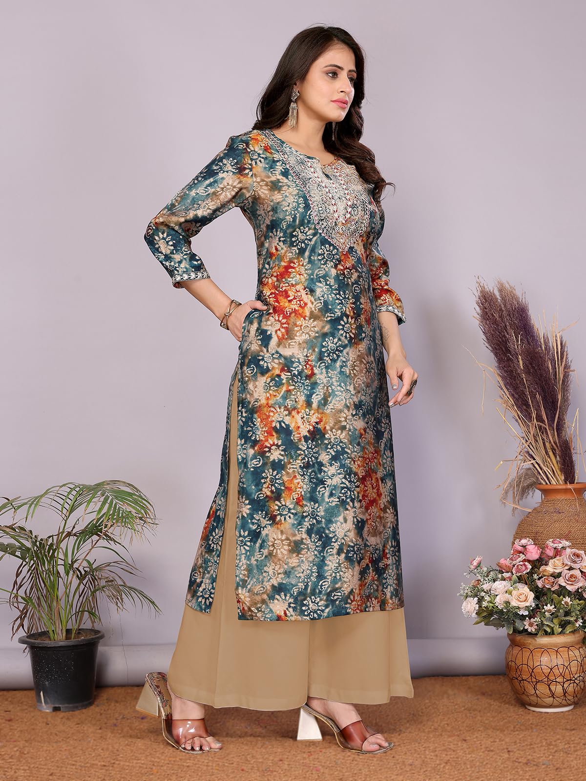 rangita Chanderi Straight Embroidered Calf Length Kurti | Kurta for Women