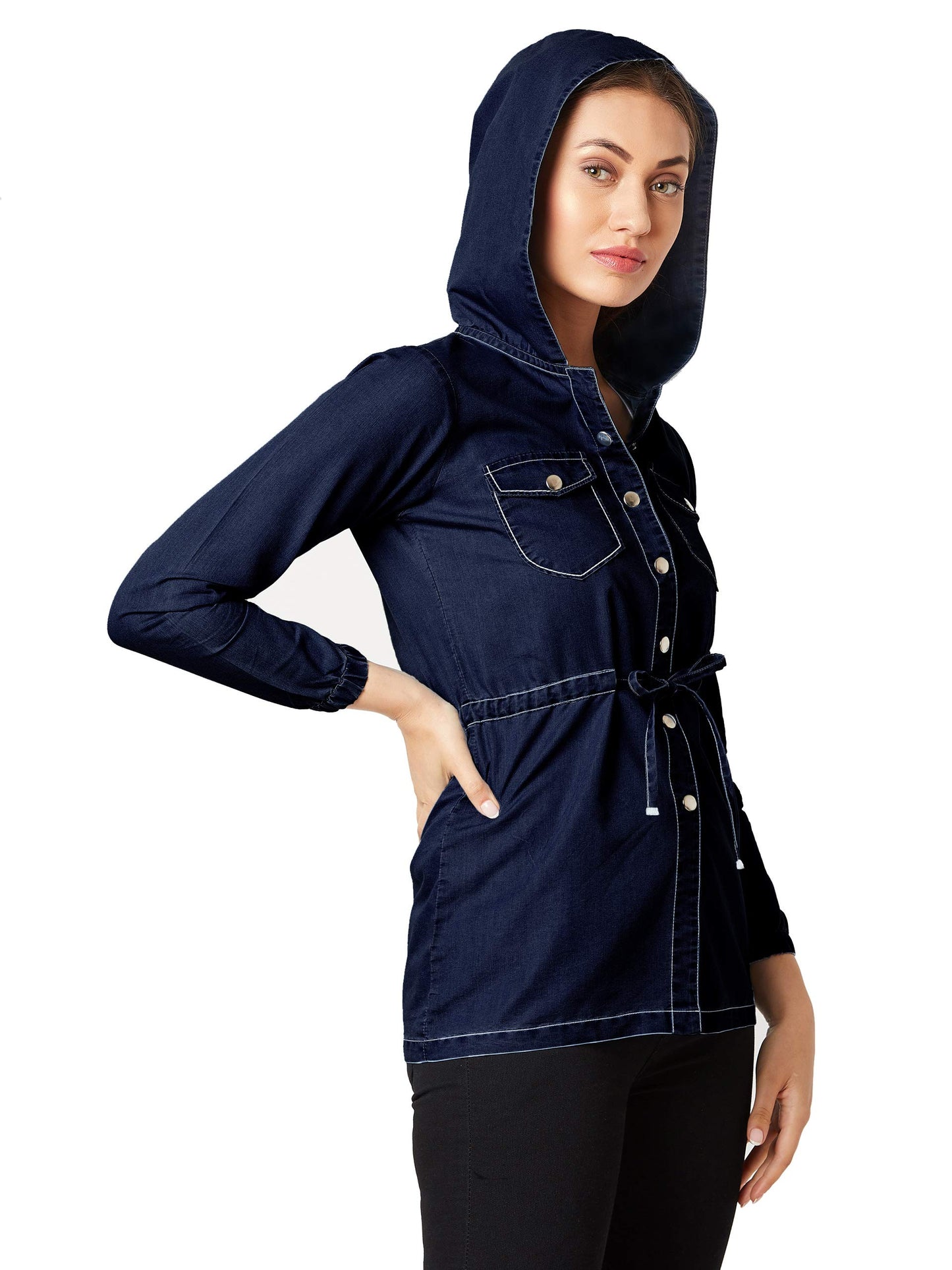 Miss Chase WomenS Navy Blue Solid Hoodie Denim Jacket(Mcaw19Den05-53-71-02,Navy Blue,X-Small)