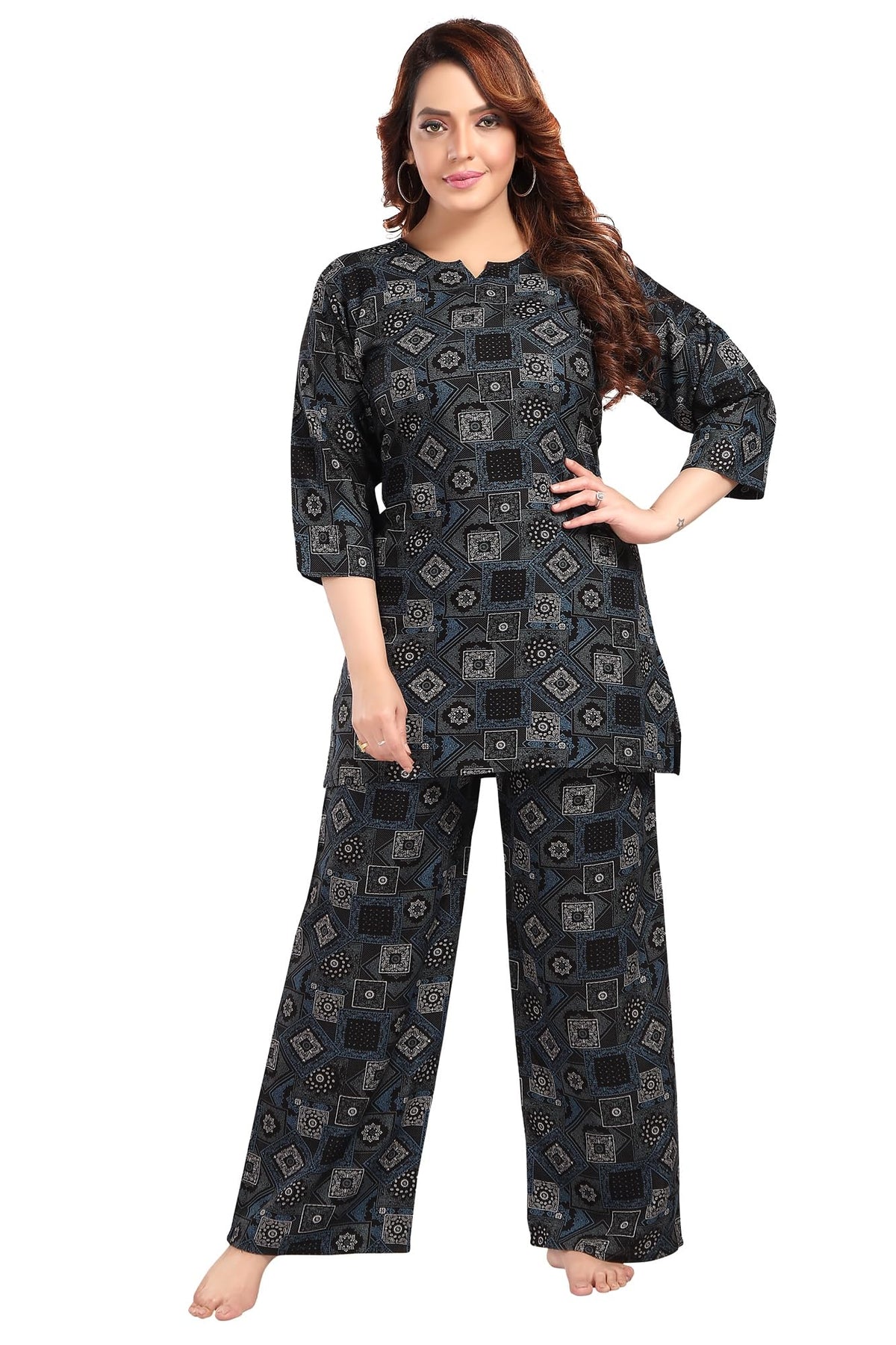 Fabme WomenS Geomatric Print, Black, All Over Print Rayon Coord Set