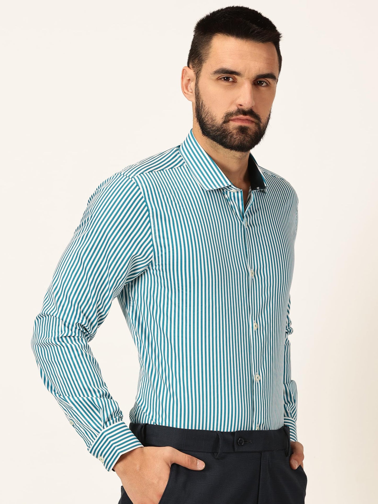 Thomas Scott 100% Cotton Strpes Slim Fit Formal Shirts for Mens Turquoise