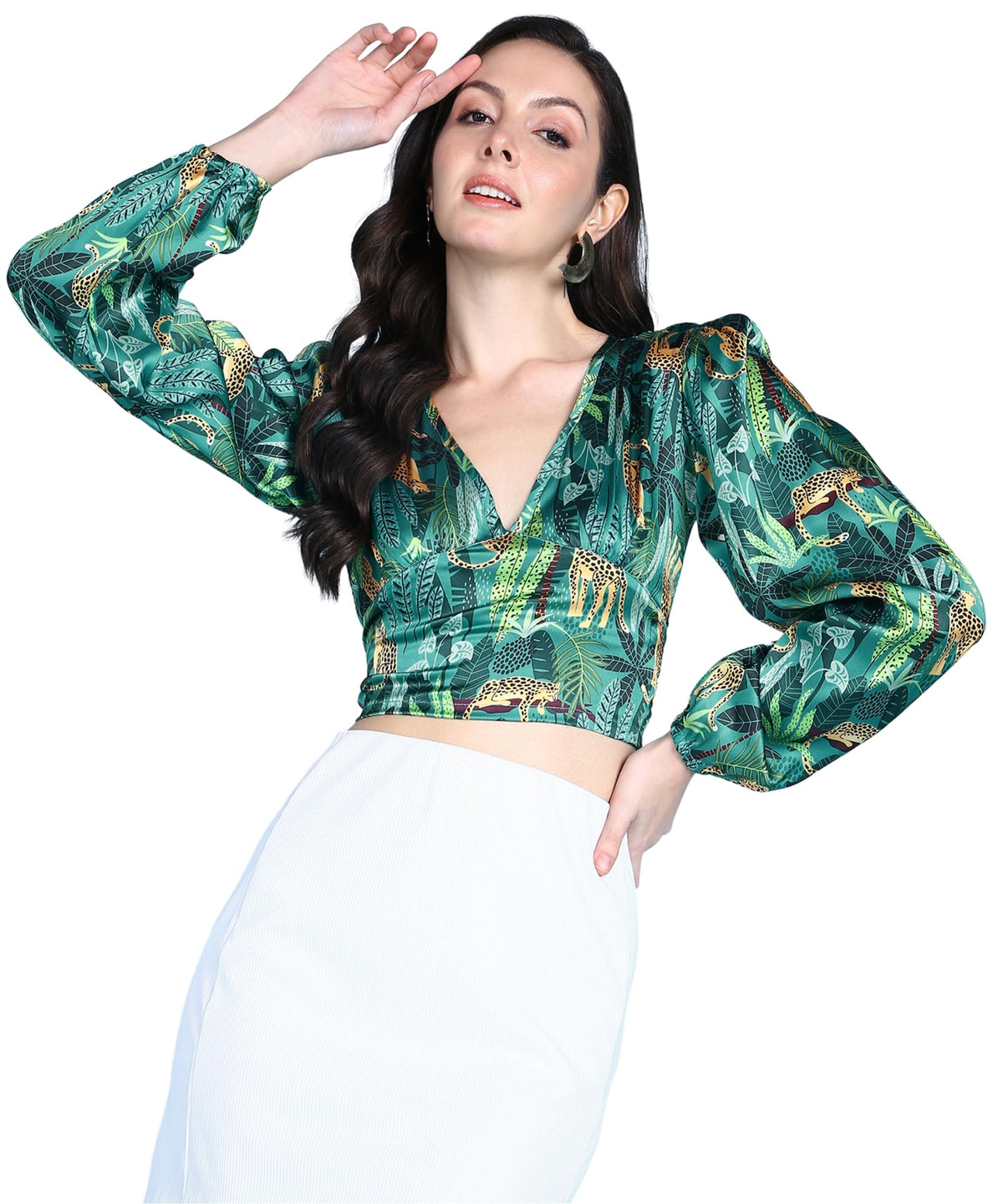 POPWINGS Women Casual Greeb Leopard Printed Satin Smocking Crop Top Green
