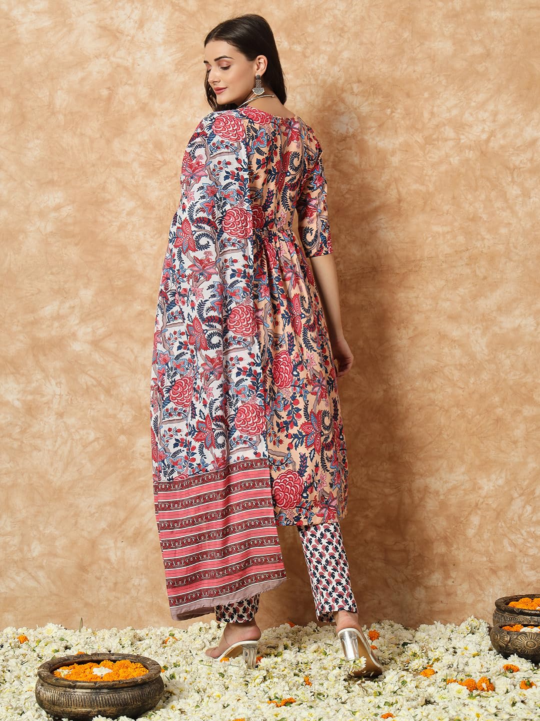 Fashion Basket Women's Cotton Printed Anarkali Kurta Beige