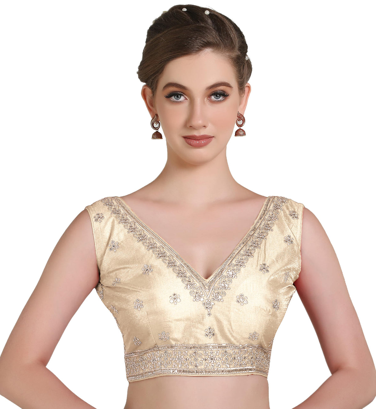 Pujia Mills WomenS Indian Ethnic Wear Designer Golden Zari Embroidery With Sequence Work V Neck Sleeveless Readymadeback Side W
