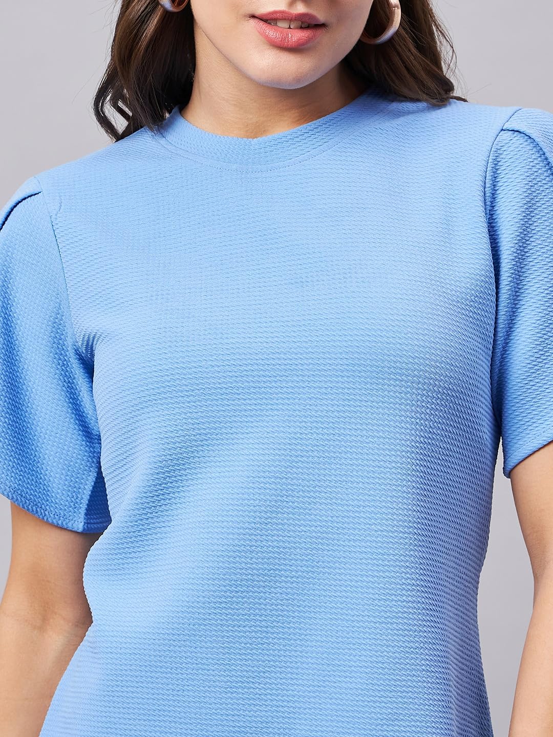 Style Quotient Women Solid Powder Blue Poly Knit Smart Casual Regular Top