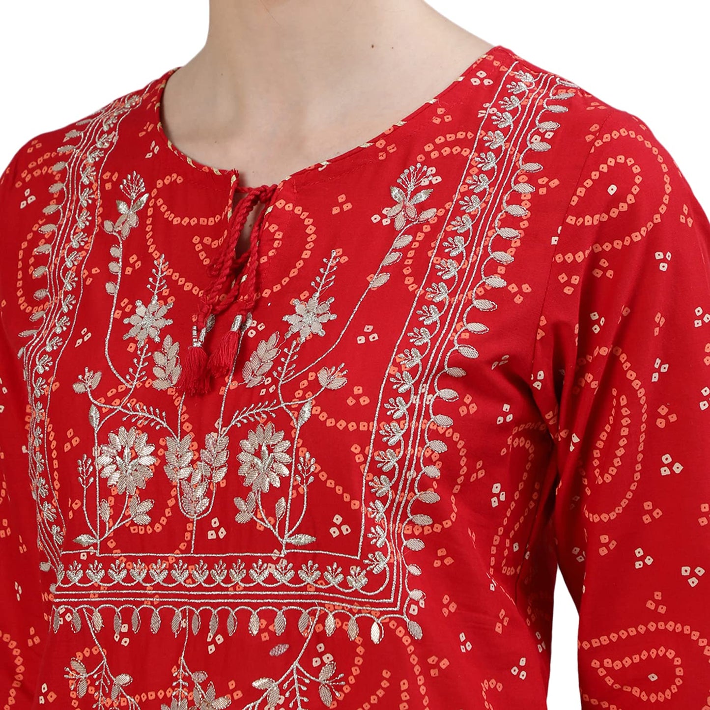 ishin Women's Pure Cotton Straight Embroidered Zari Bandhani print Red Kurta suit set with Trouser