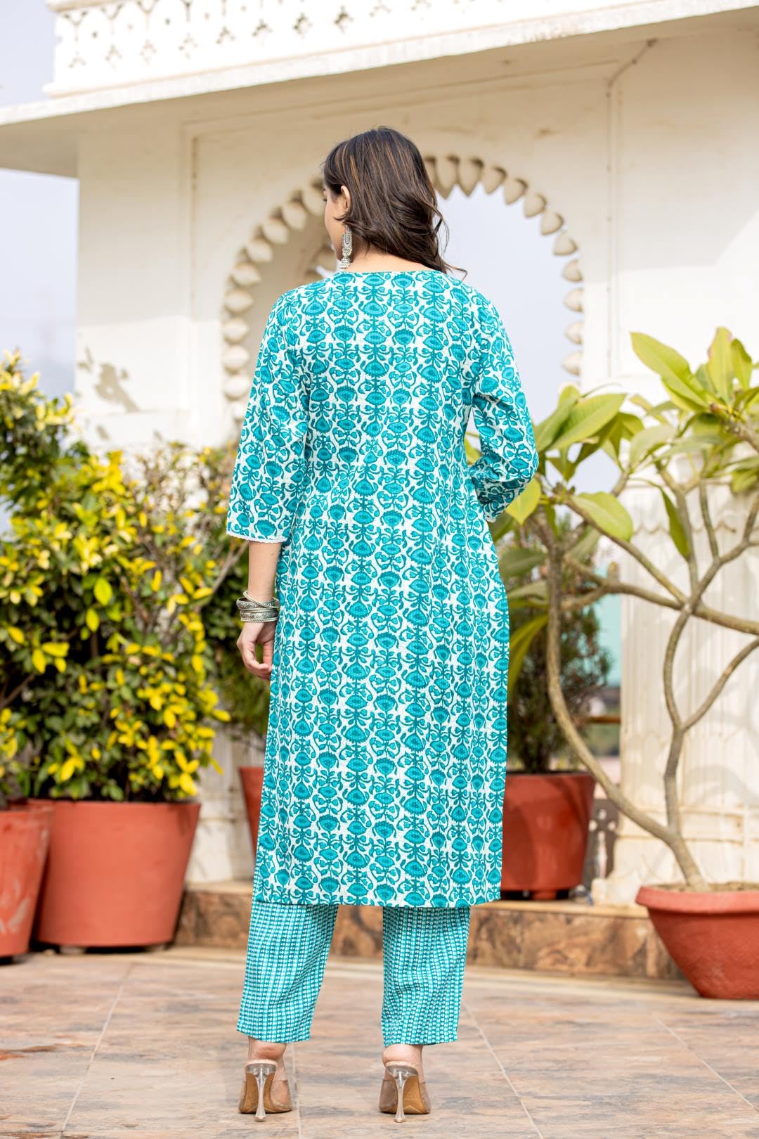 VARANGA Women Blue Printed Round Neck Yoke Embroidered Kurta Paired With Bottom And Dupatta