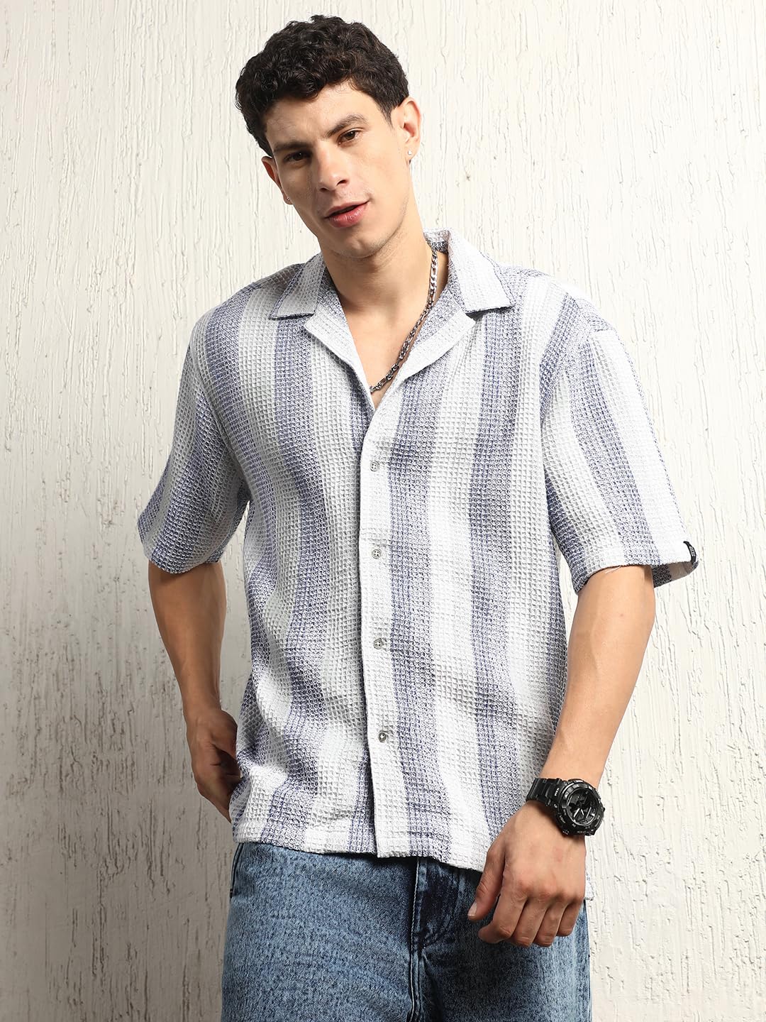 Hubberholme Men Summer Cotton Spread Collar Short Sleeves Oversized Casual Shirt 27 Blue