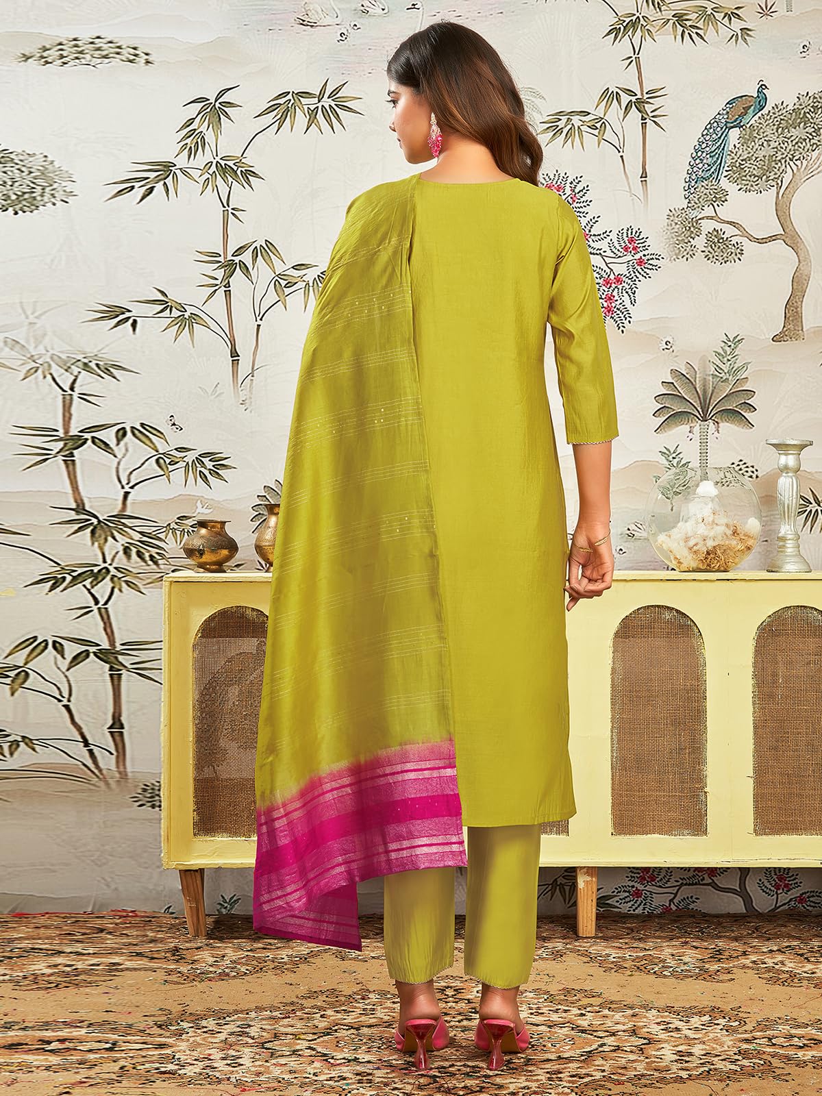 Sanisa Women's Silk Blend Sequins and Embroidery Straight Kurta with Pant and Dupatta Set