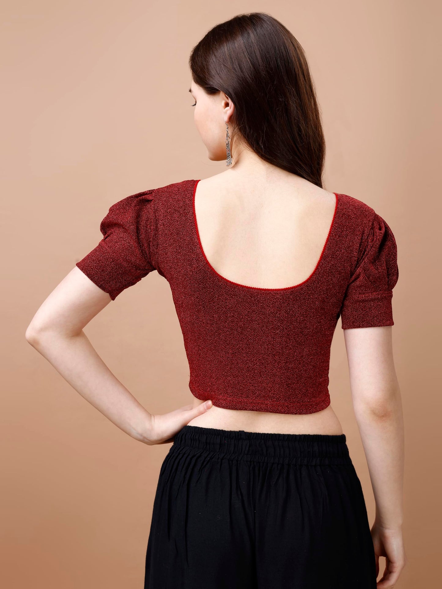 Pujia Mills Womens Readymade Shining Lycra Stretchable Round Neck Half Puff Sleeve Blouses Lycra Stretchable red Color Blouse f