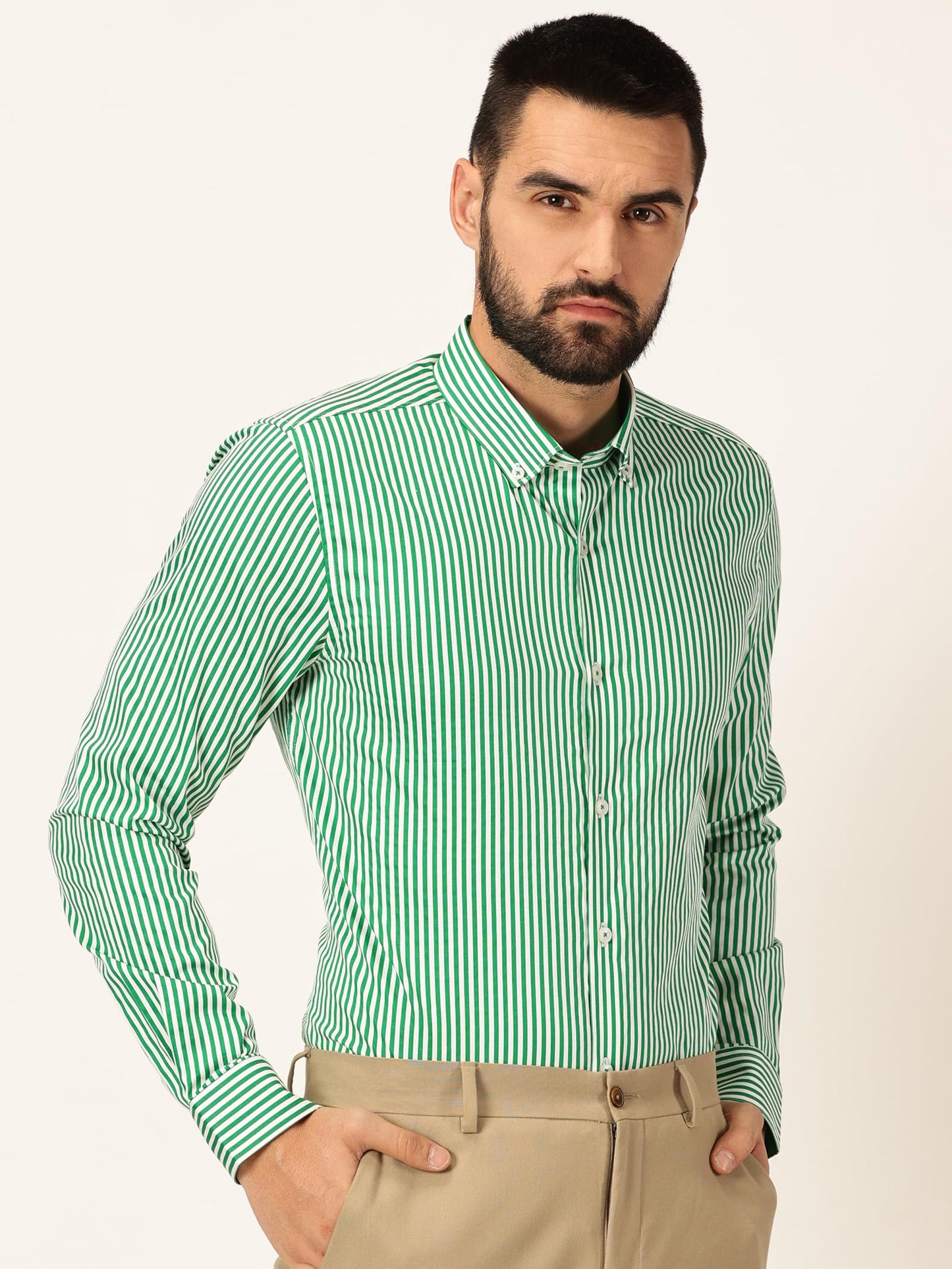 Thomas Scott 100% Cotton Full Sleeves Button-Down Collar Slim Fit Formal Shirt for Mens Green