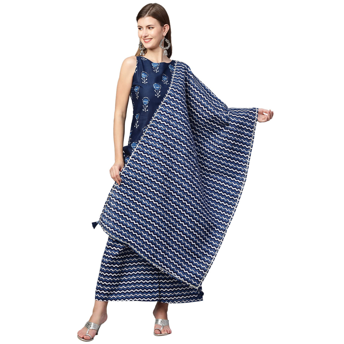 ANNI DESIGNER Womens Cotton Straight Kurta with Palazzo & Dupatta (KPZD-COT-10060-BLUE)