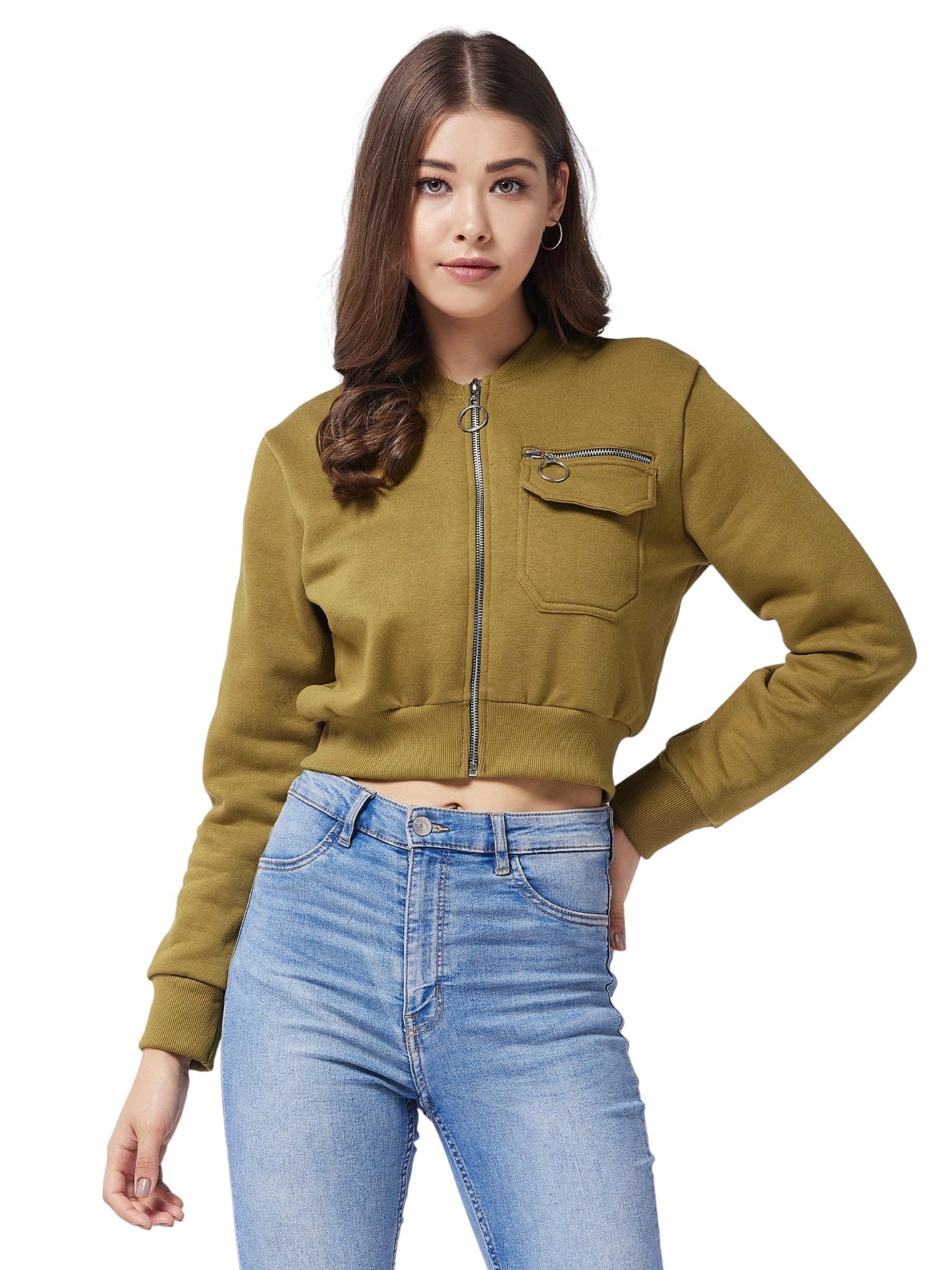 Miss Chase Womens Full Sleeve Bomber Crop Jacket (MCAW22JKT03-54-413-06, Pickled Olive, XL)