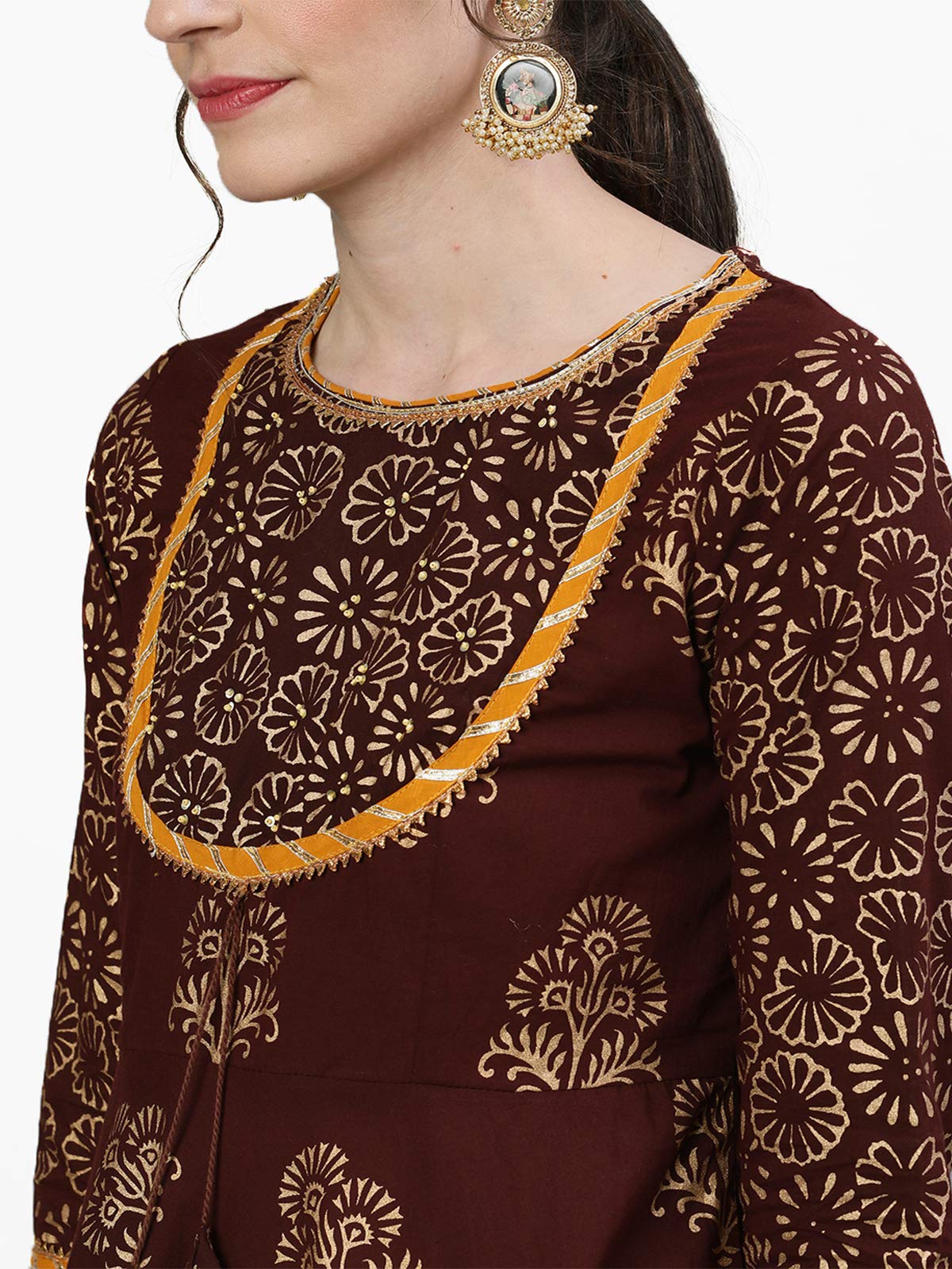 ishin Women's Cotton Brown Embellished Peplum Kurta Sharara Dupatta Set