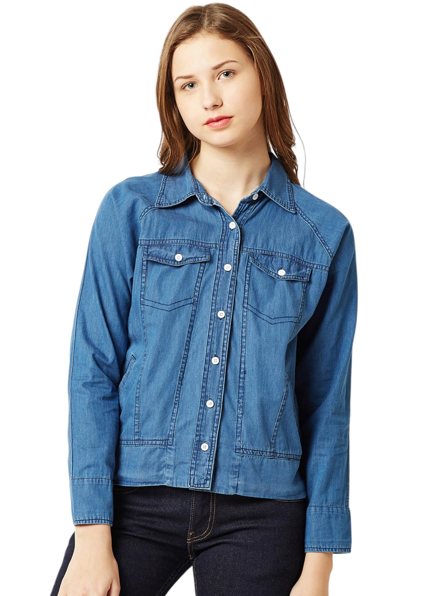 Miss Chase Womens Polo Neck Full Sleeve Denim Bomber Jacket (MCAW19DEN05-56-419-05, Mavericks Blue, L)